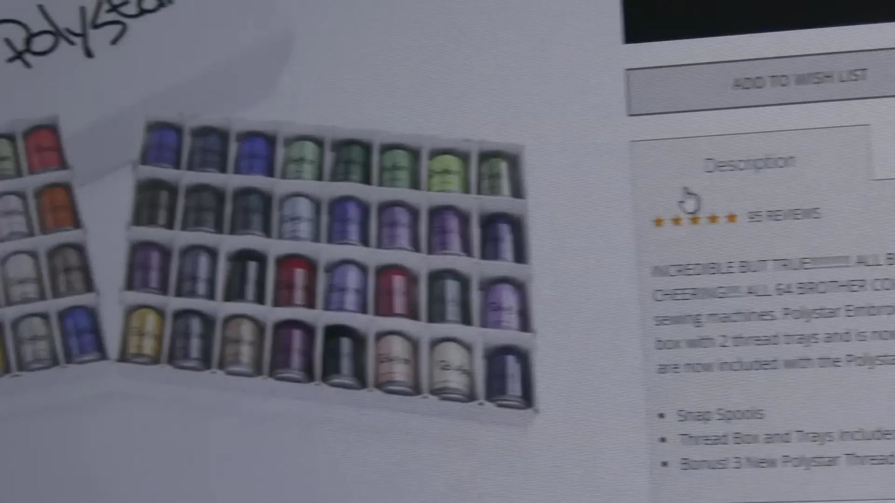 An overhead view of an open Polystar thread box showing two trays of colorful 1000m spools and the printed color chart.