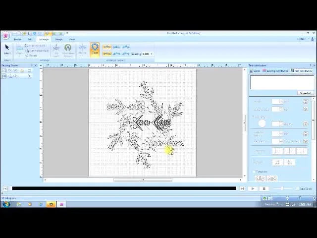 A finished radial word-art snowflake created from mirrored text using the Circle arrangement tool in embroidery software.