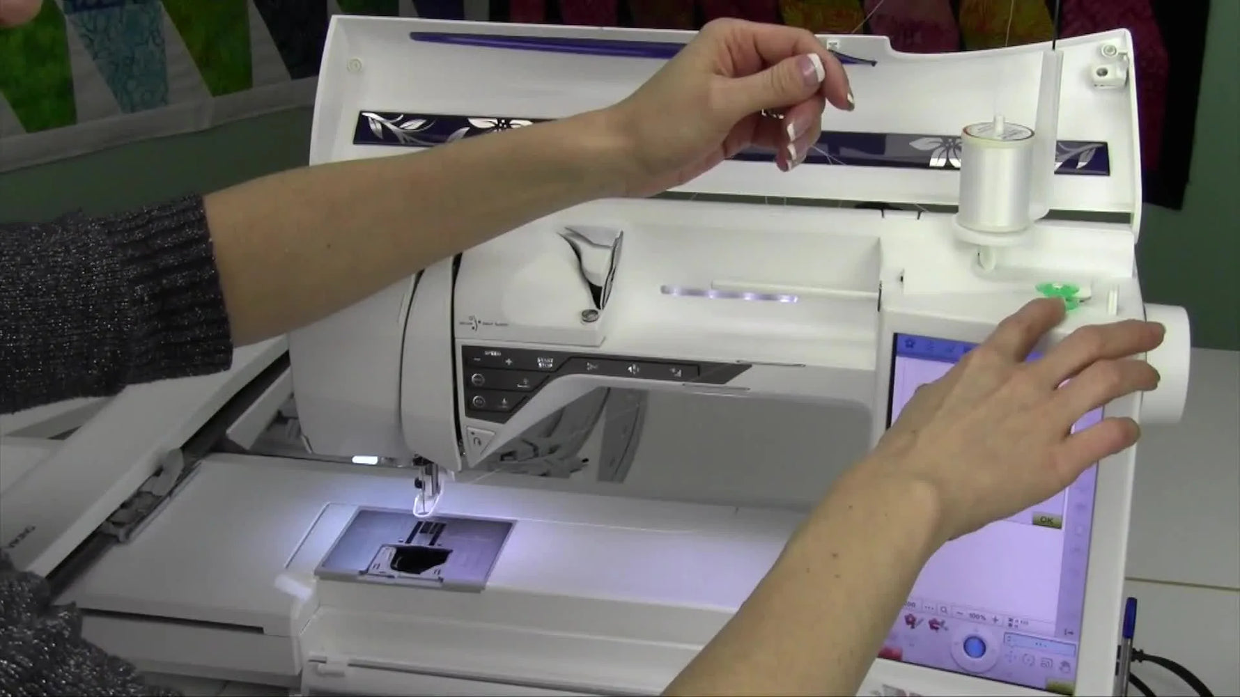 A close-up shows the bobbin winding “bump” technique that pushes thread down the bobbin hub for better low-bobbin sensor behavior.