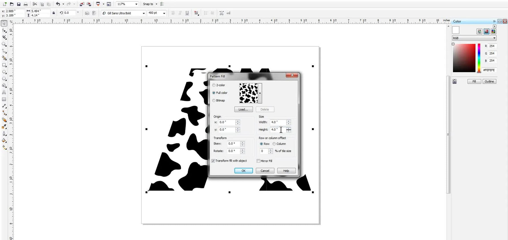 A seam-free cow-print letter “A” in CorelDraw X5, ready to export for embroidery digitizing.