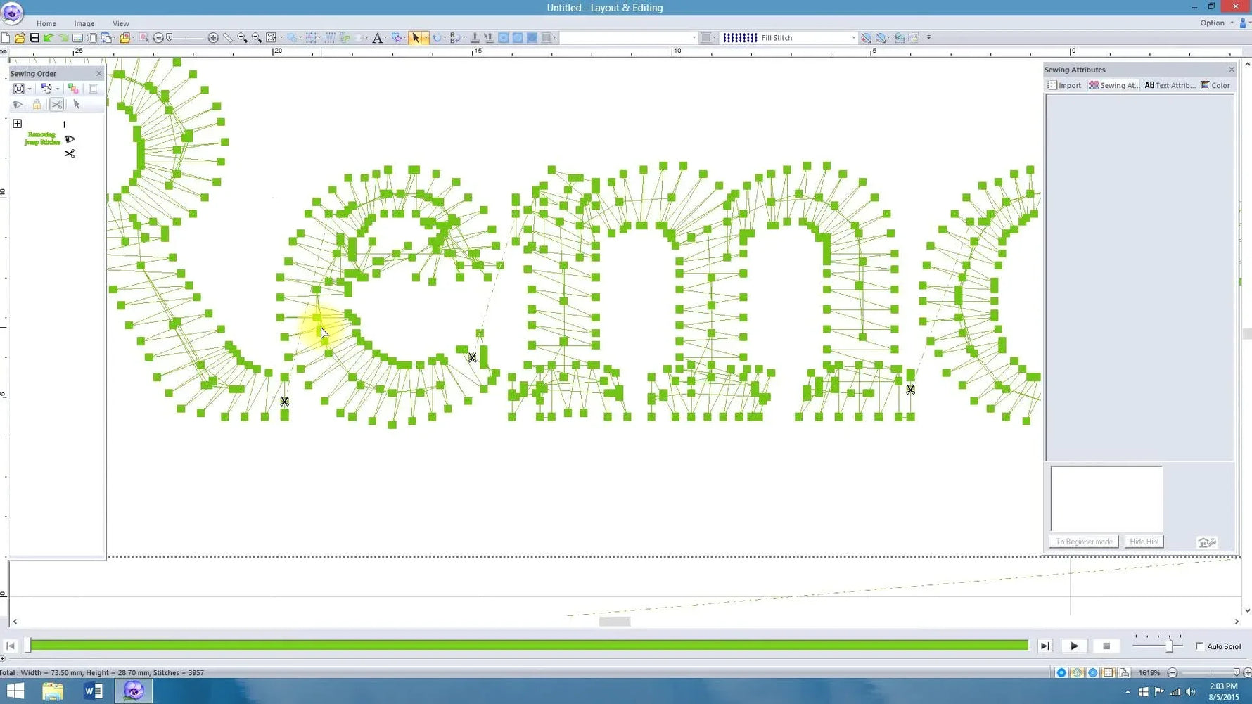 A close-up screen capture shows a stitch node being dragged to overlap another node so the scissor (trim) icon disappears instantly.