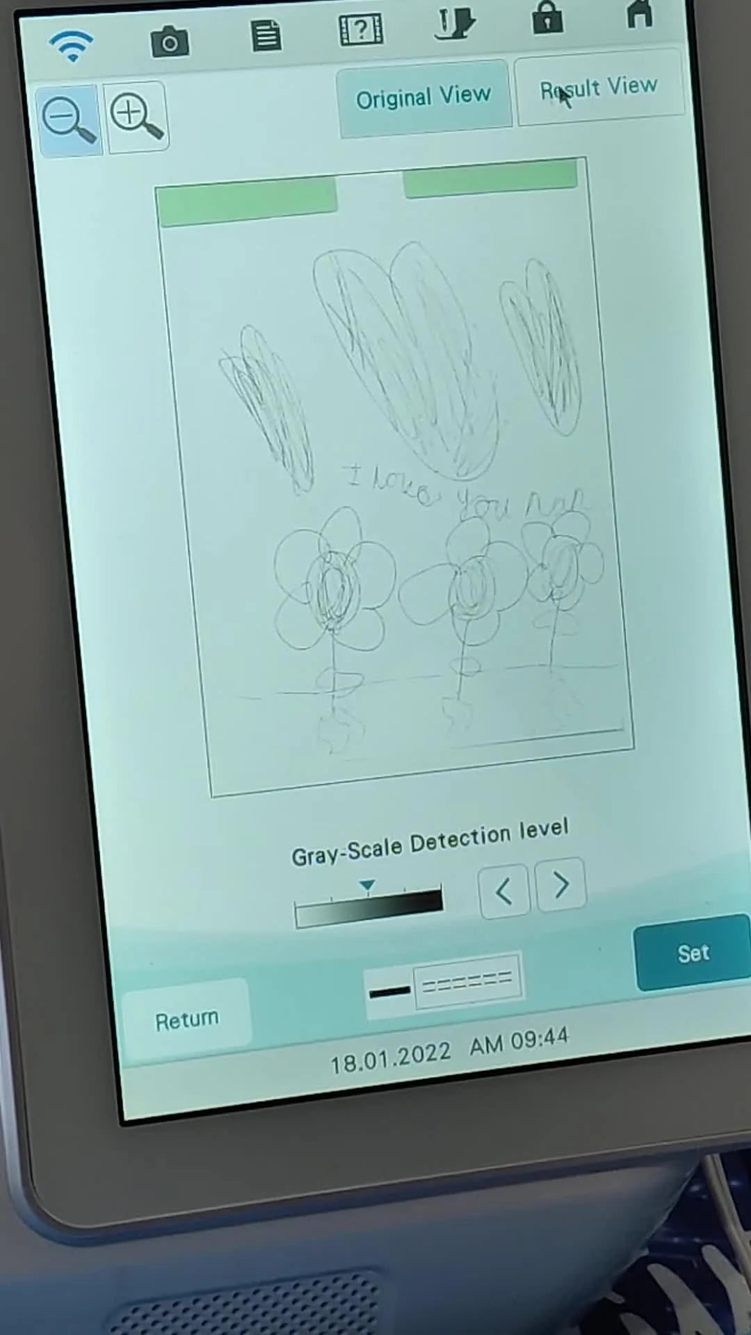 A My Design Center screen capture where the grayscale detection adjustment has turned a dotted scan into solid, clean line art ready to convert into stitches.
