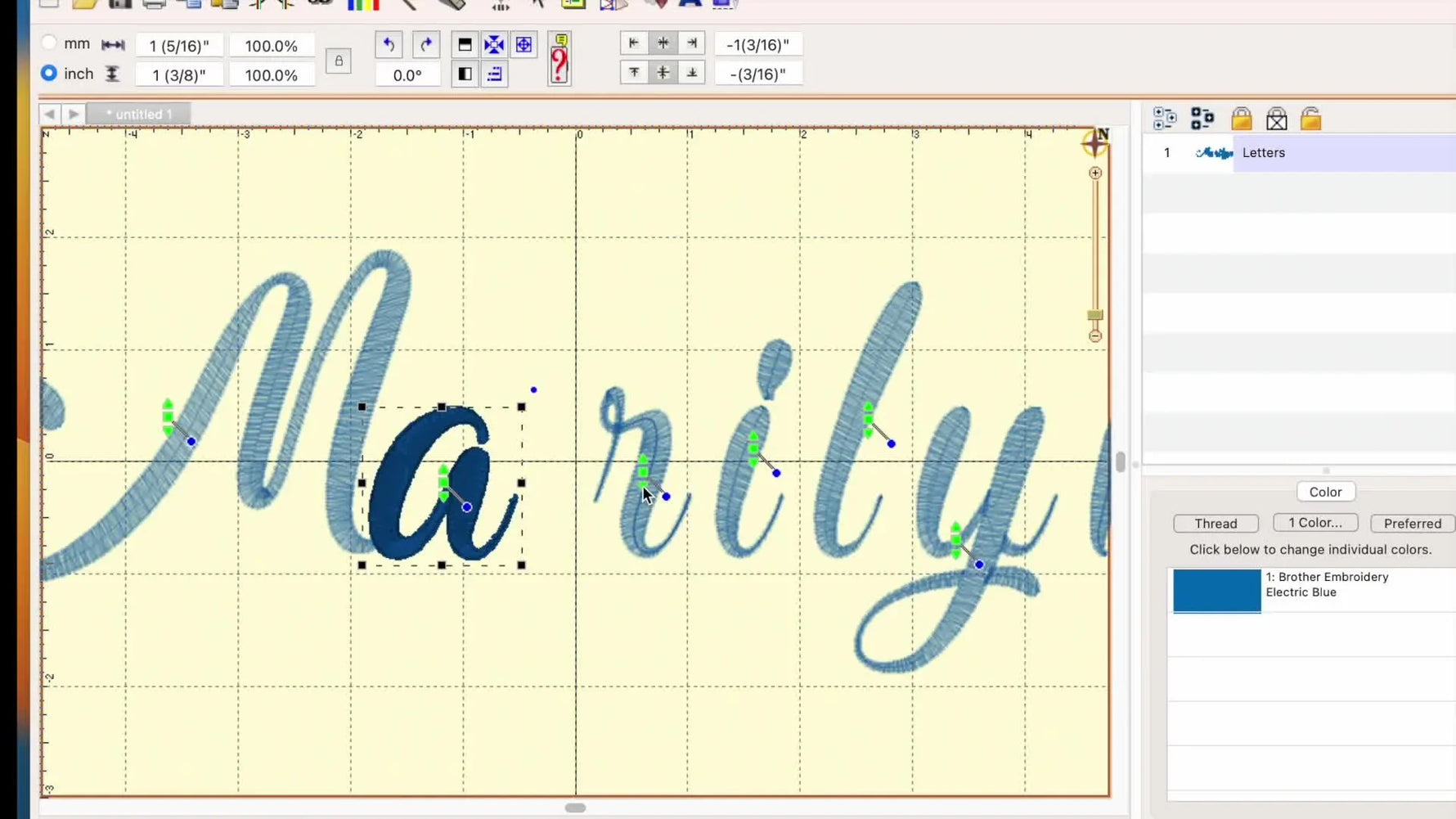 A finished Embrilliance lettering design shows corrected kerning and clean spacing centered on the grid.
