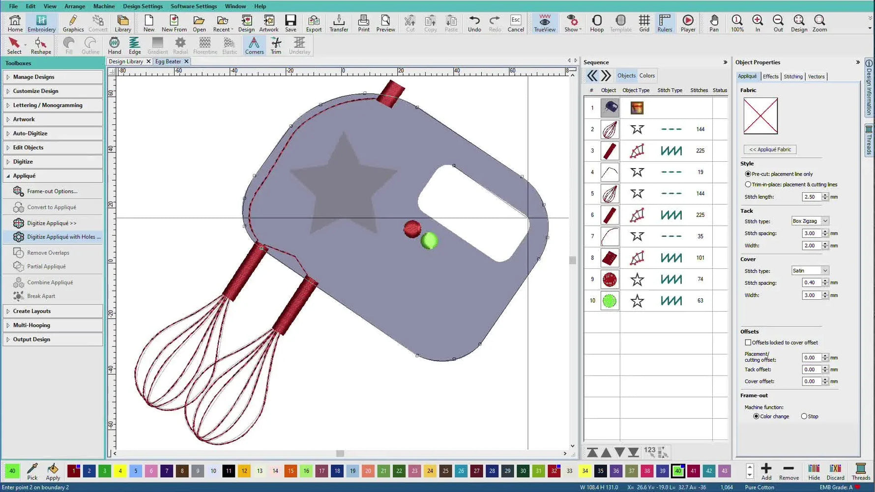 A completed gray mixer appliqué object appears in Hatch after digitizing the outer boundary and the inner star-shaped hole.