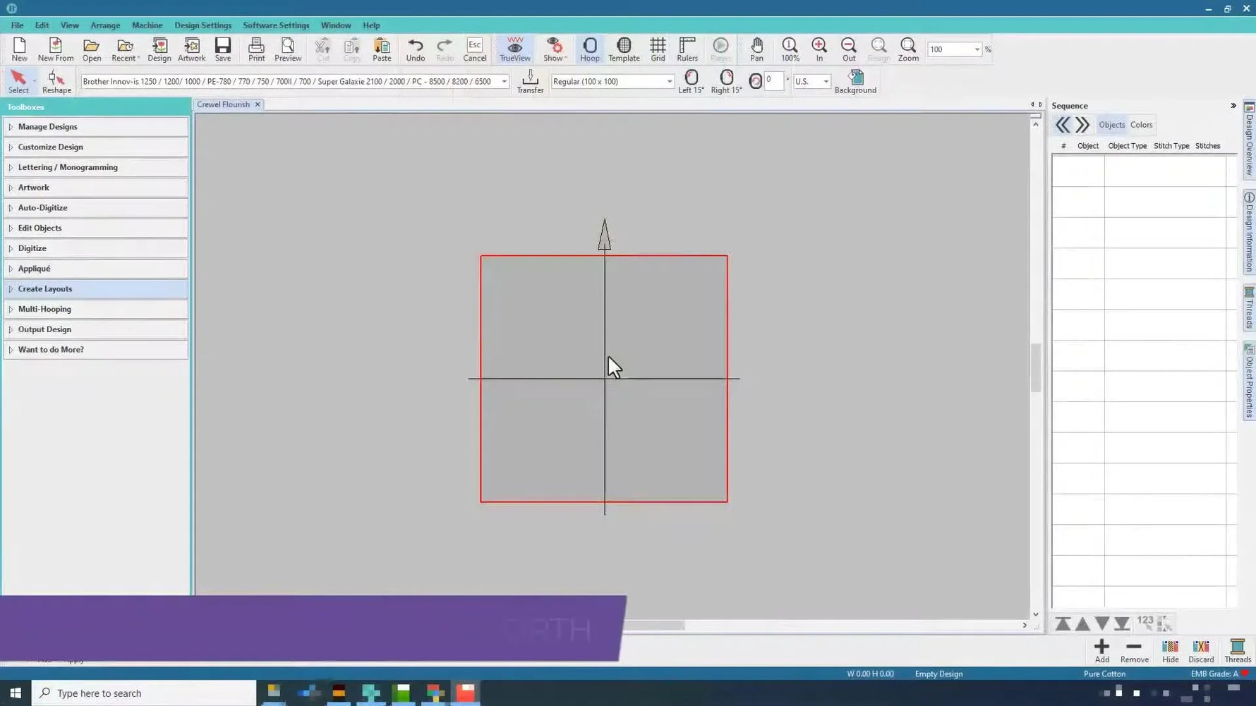 Hatch embroidery software interface with a blank hoop displayed, ready for a new design.
