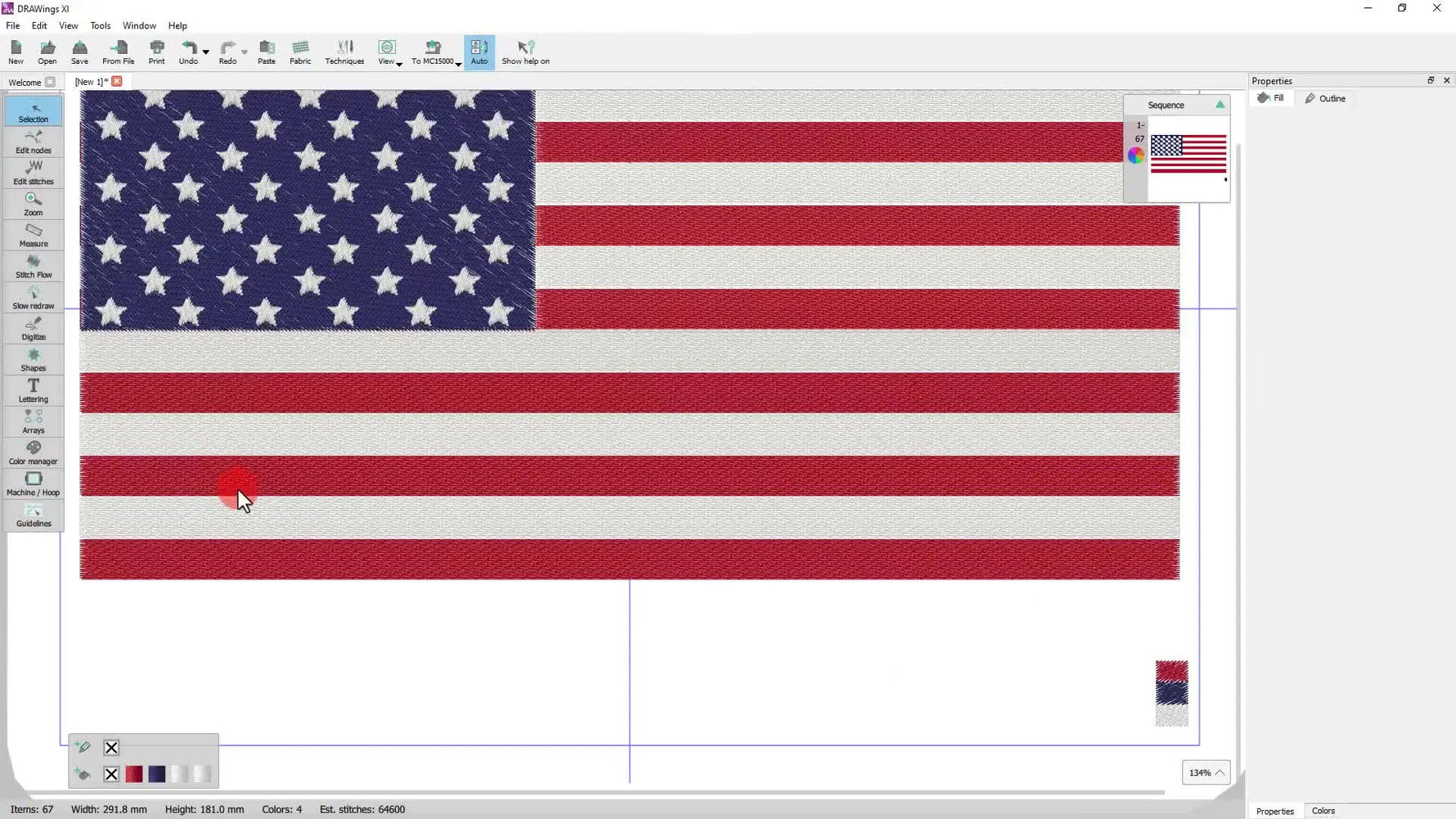 A completed US flag embroidery design displayed in DRAWings PRO, ready to be used as a fill pattern for lettering.