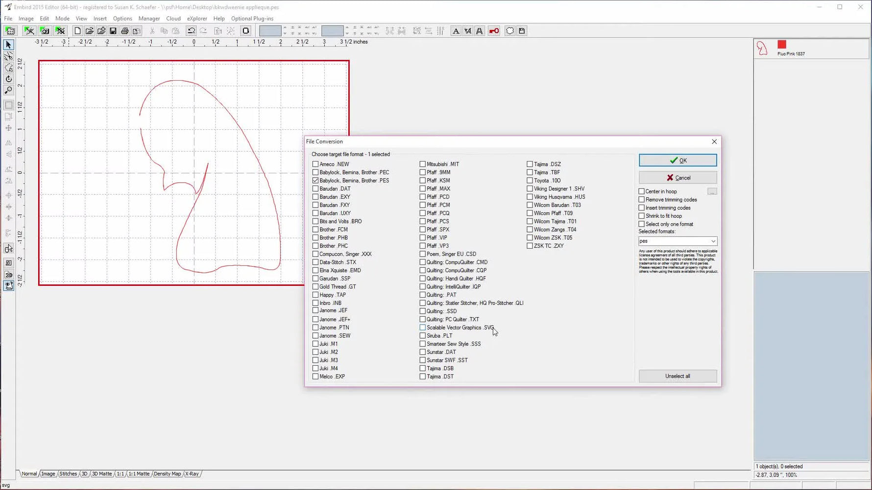 A screen capture of Embird’s Save As dialog with Scalable Vector Graphics (.SVG) selected, the key step that turns an embroidery die line into a clean cut file workflow.
