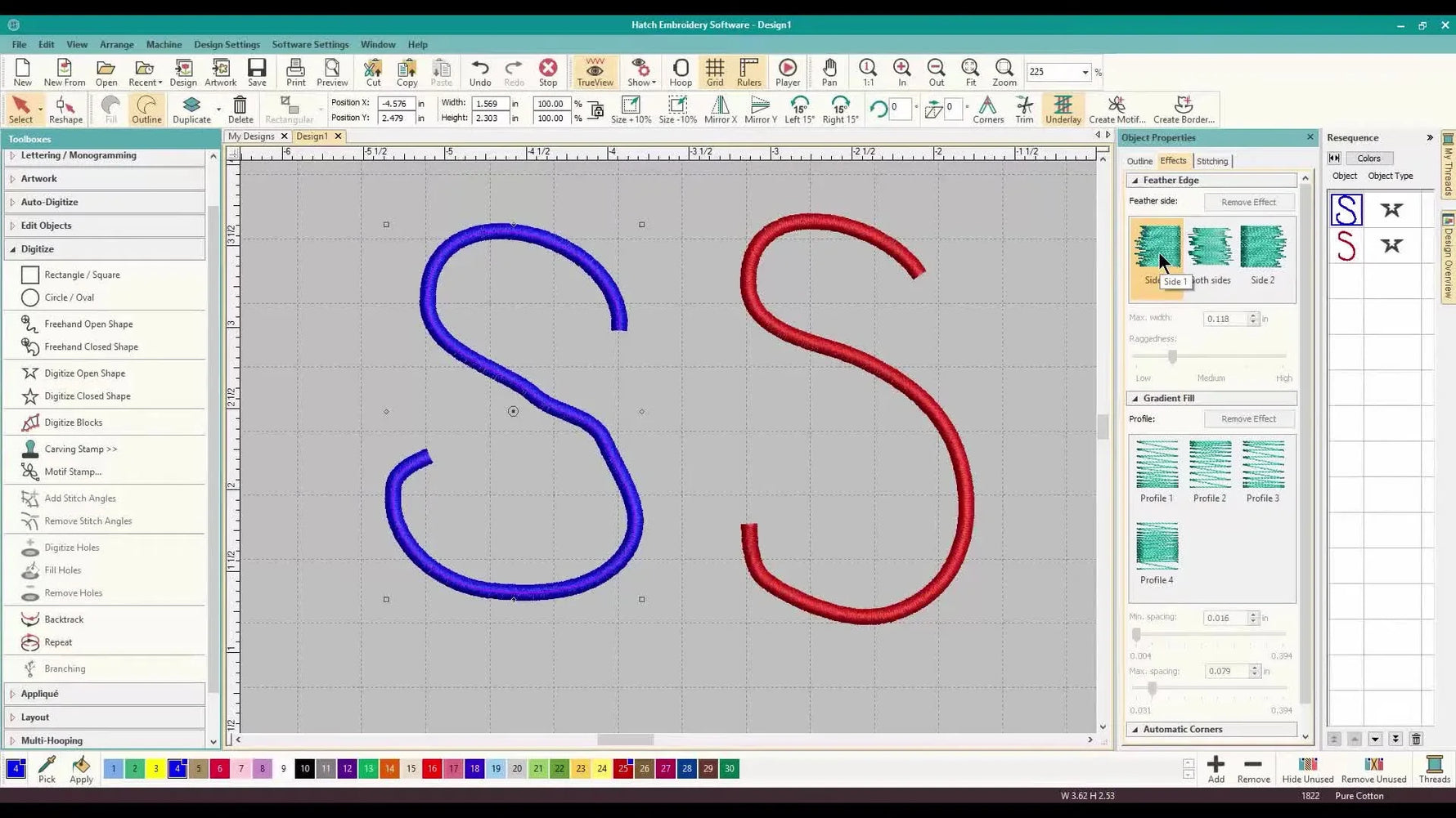 A close-up of Wilcom Hatch Object Properties with Feather Edge enabled, showing Side 1/Side 2 controls and the Raggedness slider.