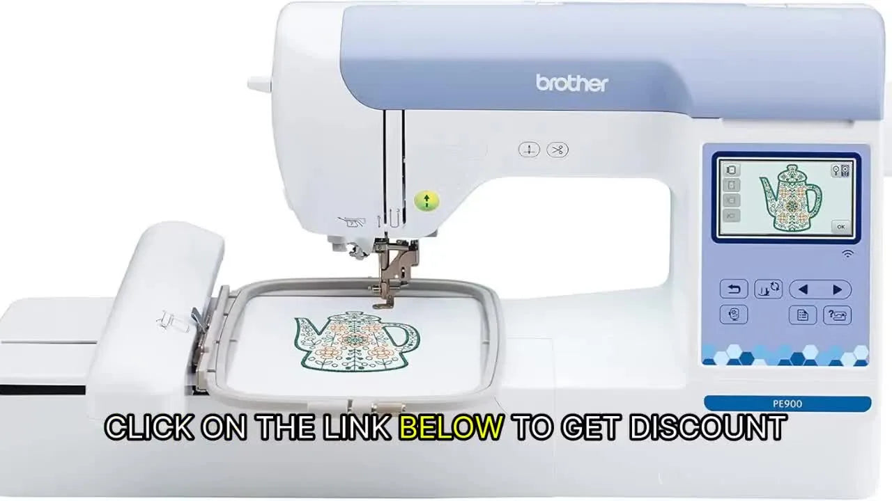 A clean product shot of the Brother PE900 with a 5x7 hoop attached and a teapot design displayed on the screen.