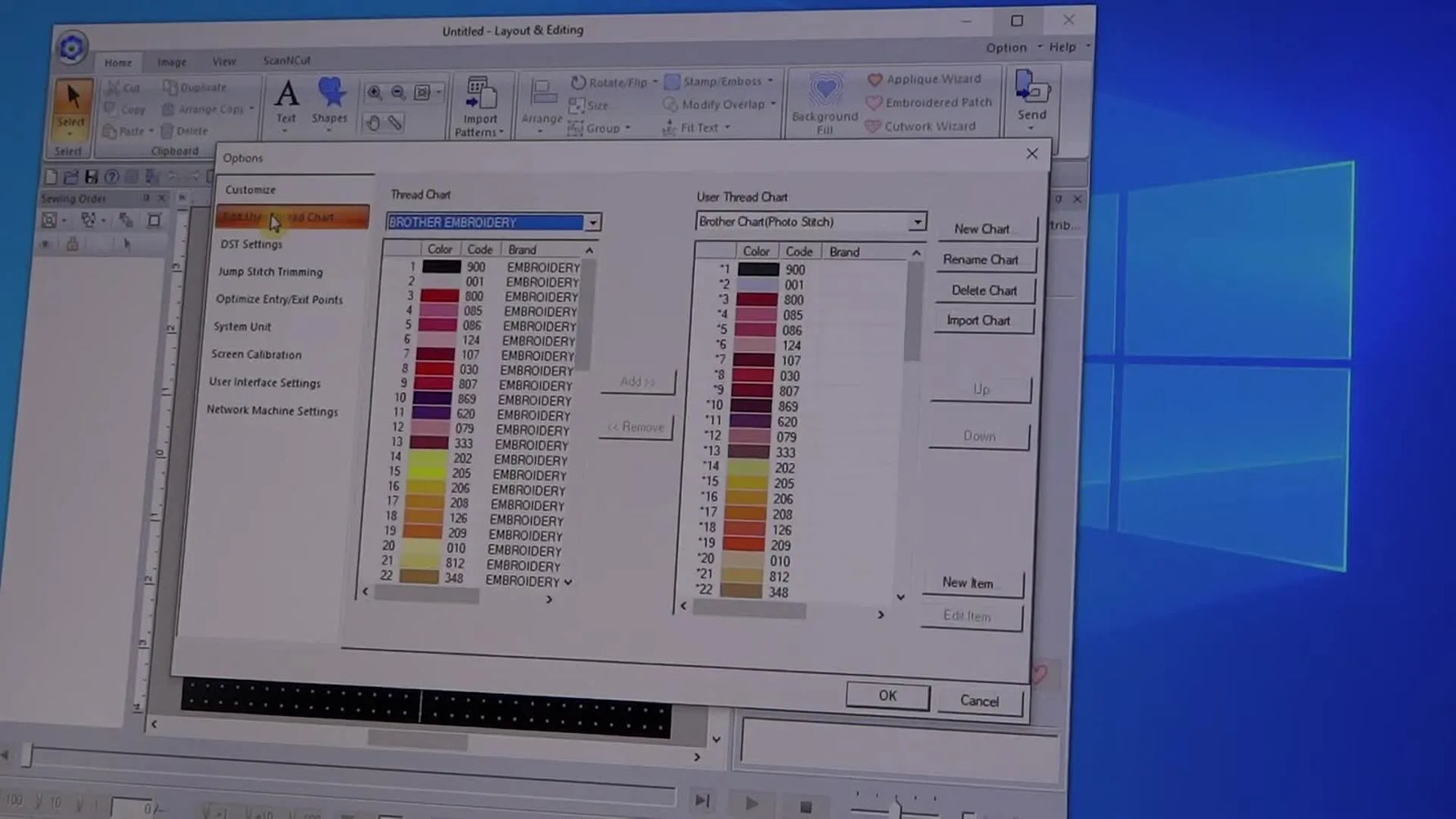 The PE-Design 11 “Edit User Thread Chart” dialog box with manufacturer lists on the left and the custom user chart on the right.