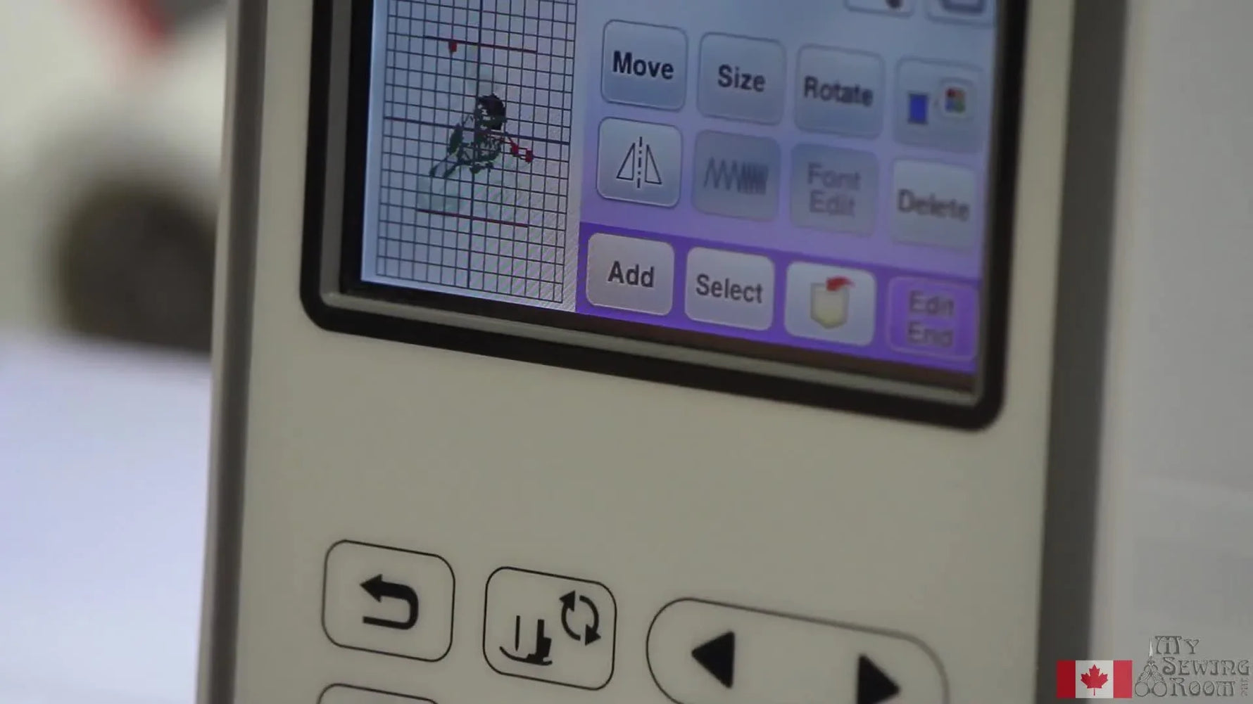 The Brother NS1150E edit screen shows a bird design on the grid with on-screen tools ready for positioning and rotation.