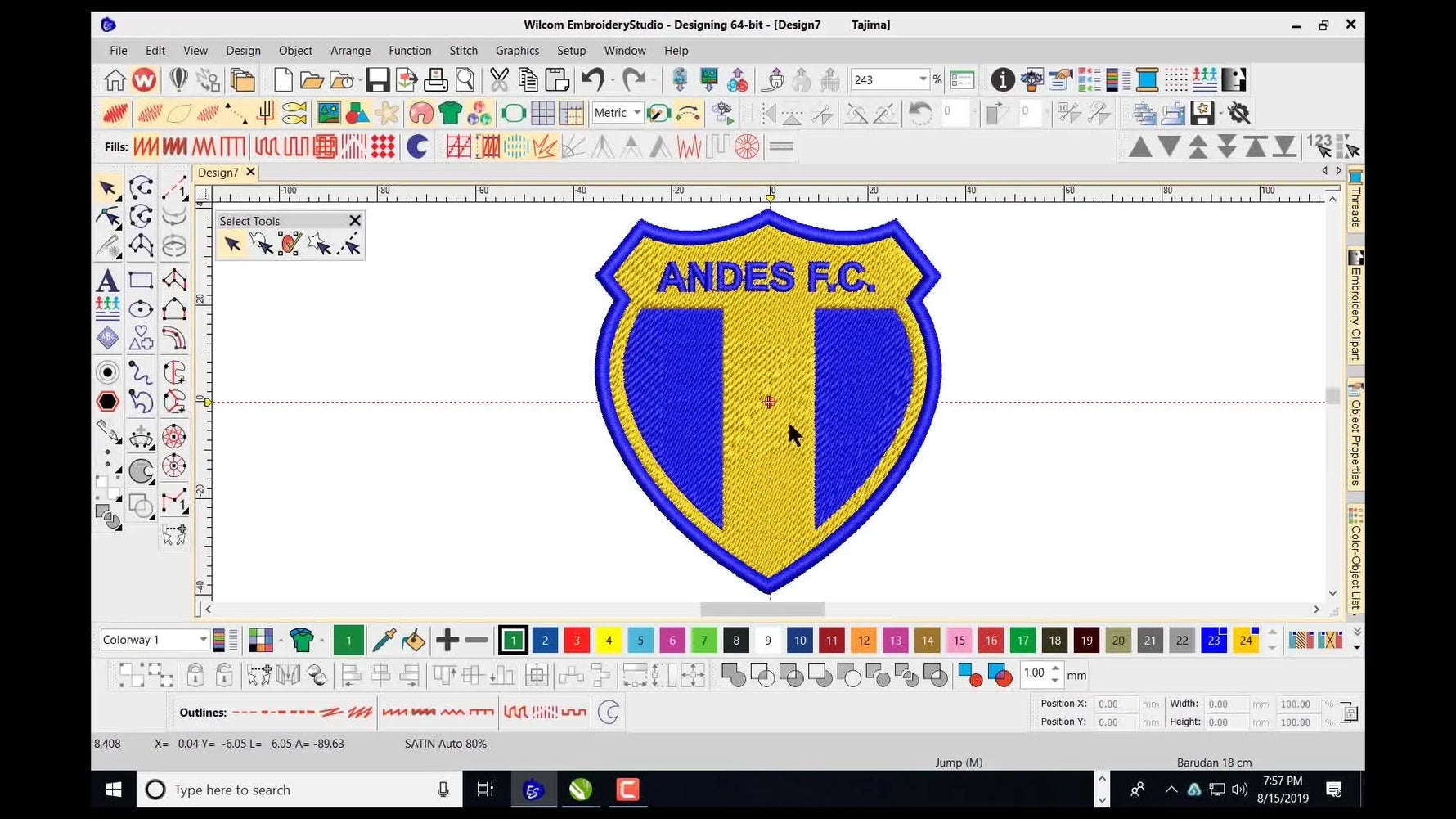 A Wilcom EmbroideryStudio e4.2 screen capture showing the vector logo fully converted into an embroidery preview with stitch texture.