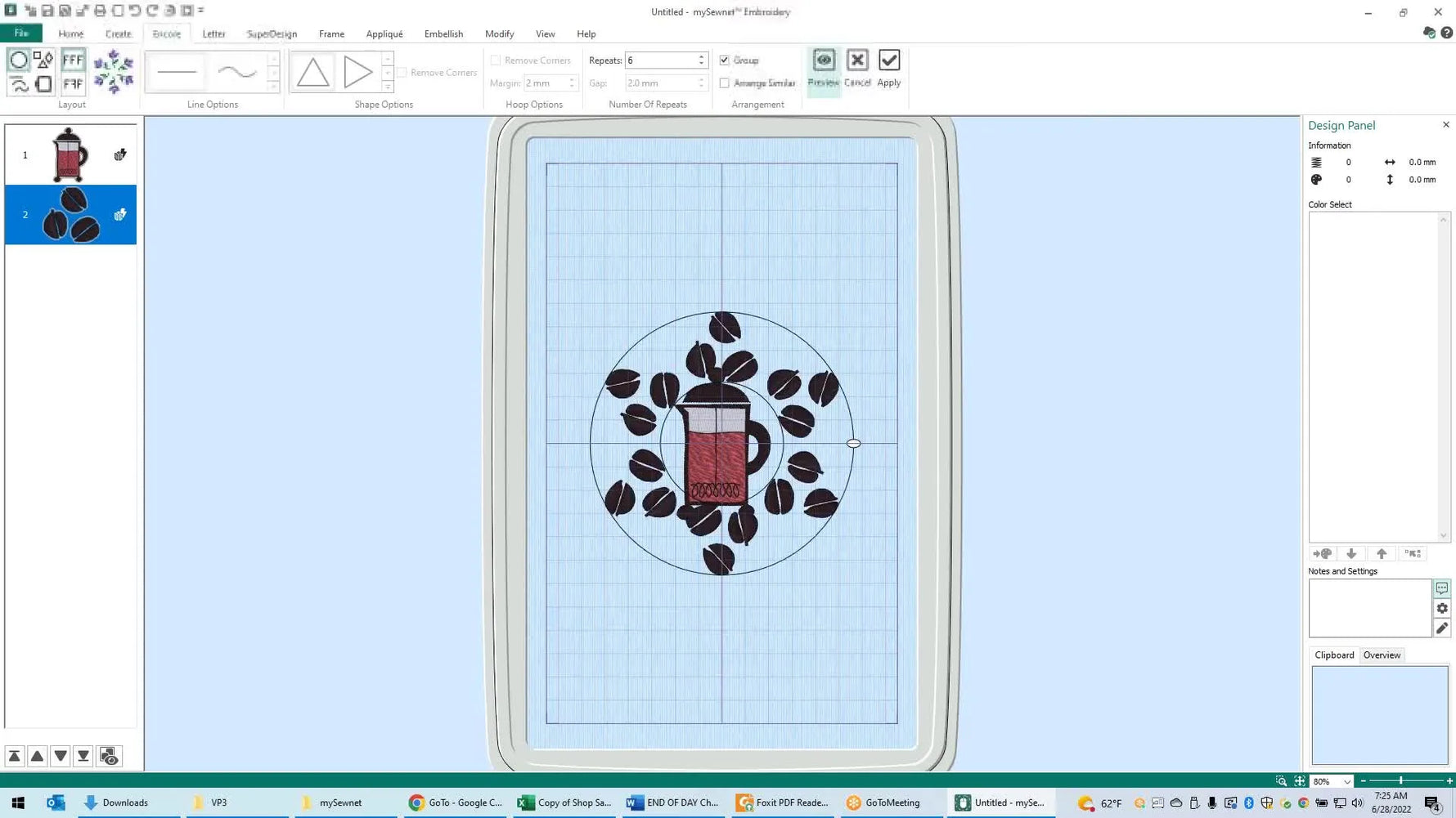 The mySewnet Encore Circle layout shows six coffee beans repeating around a French press, ready to be grouped and aligned into a clean hoop-ready composition.