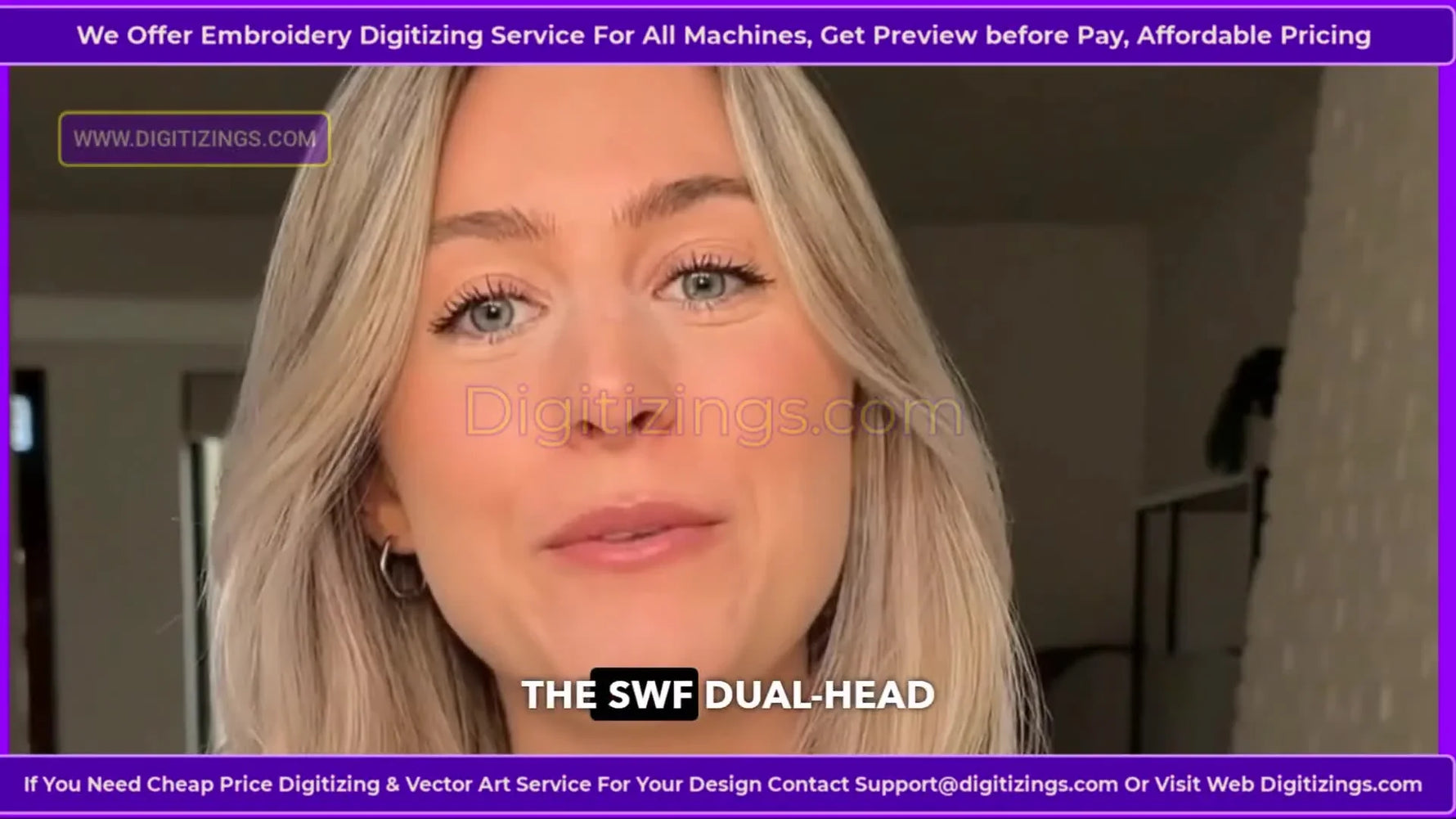 A front view of an SWF dual-head embroidery machine with both heads and the control panel visible, signaling high-volume production capability.