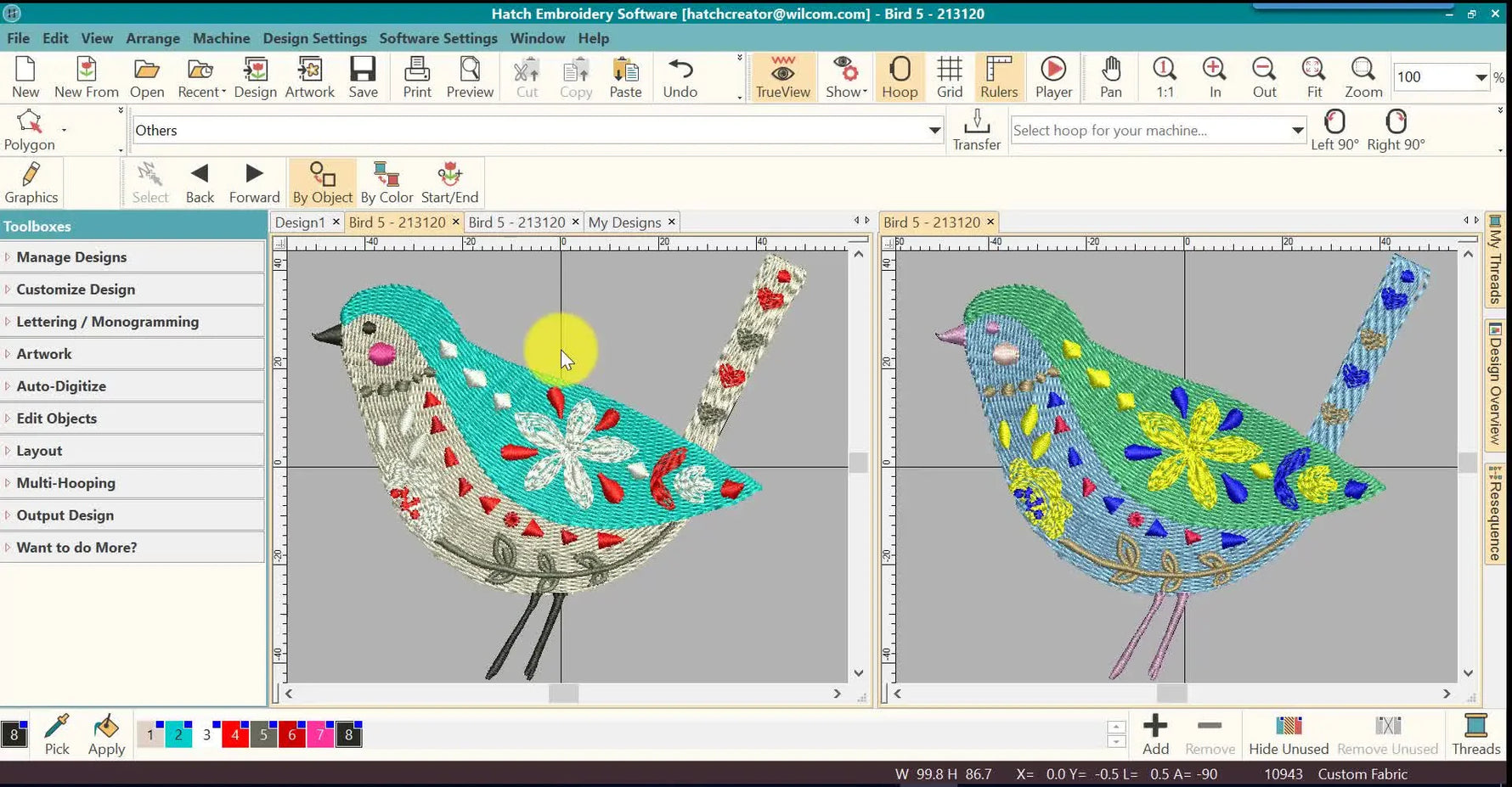 A Hatch “Design Worksheet” window showing the design preview and the thread color sequence list used to set up the machine correctly.