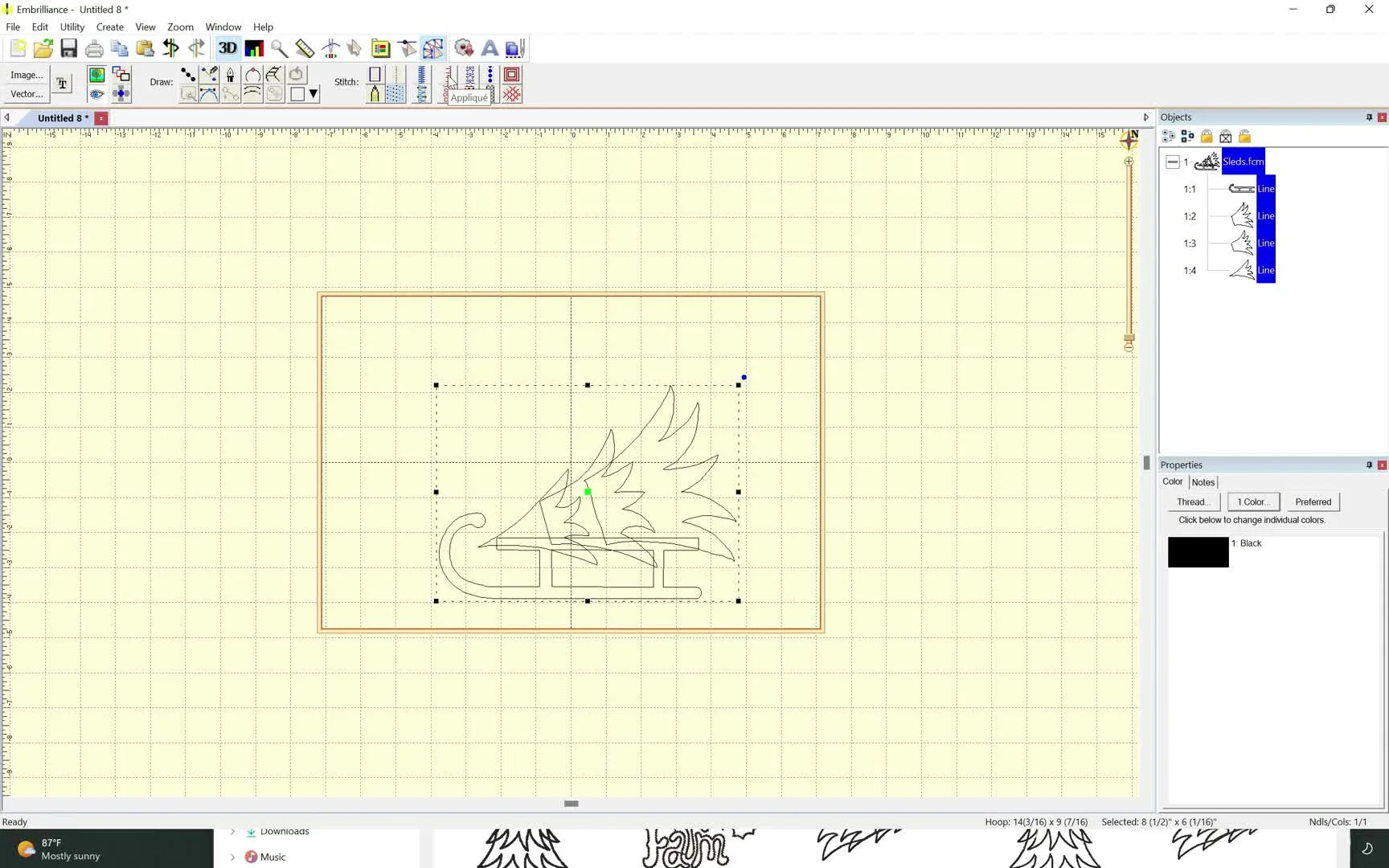 A screen capture shows a vector drawing instantly converted into appliqué placement and blanket stitches inside Embrilliance Stitch Artist 2.