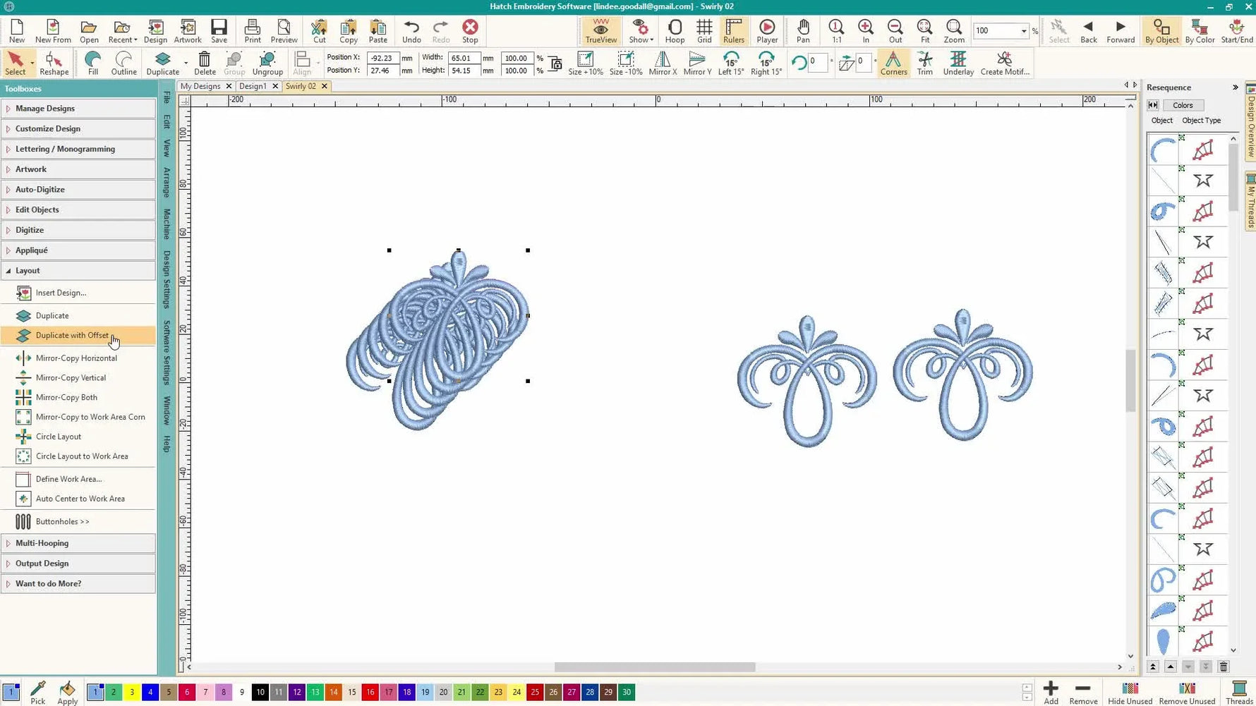 A Wilcom Hatch workspace showing multiple duplicated embroidery objects arranged in a visible diagonal cascade.