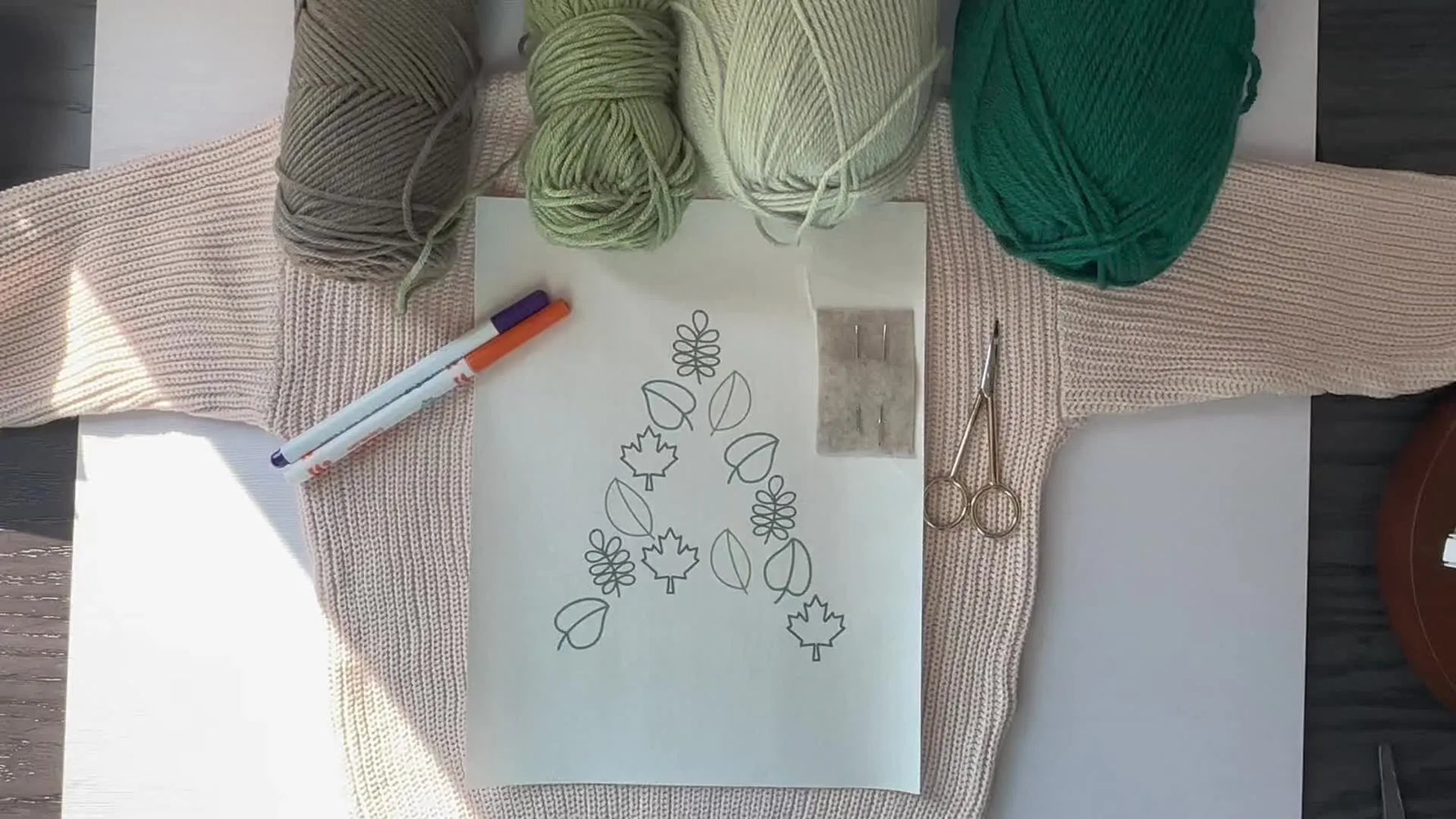 Overhead shot of embroidery materials including yarn, needles, markers, scissors, and a template placed on a light-colored sweater.