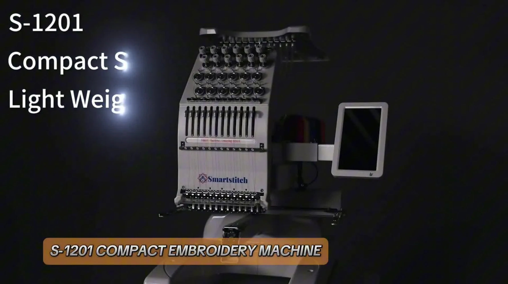 A compact multi-needle Smartstitch S-1201 with a full thread rack and control panel, shown as the “production-ready” step up from home machines.