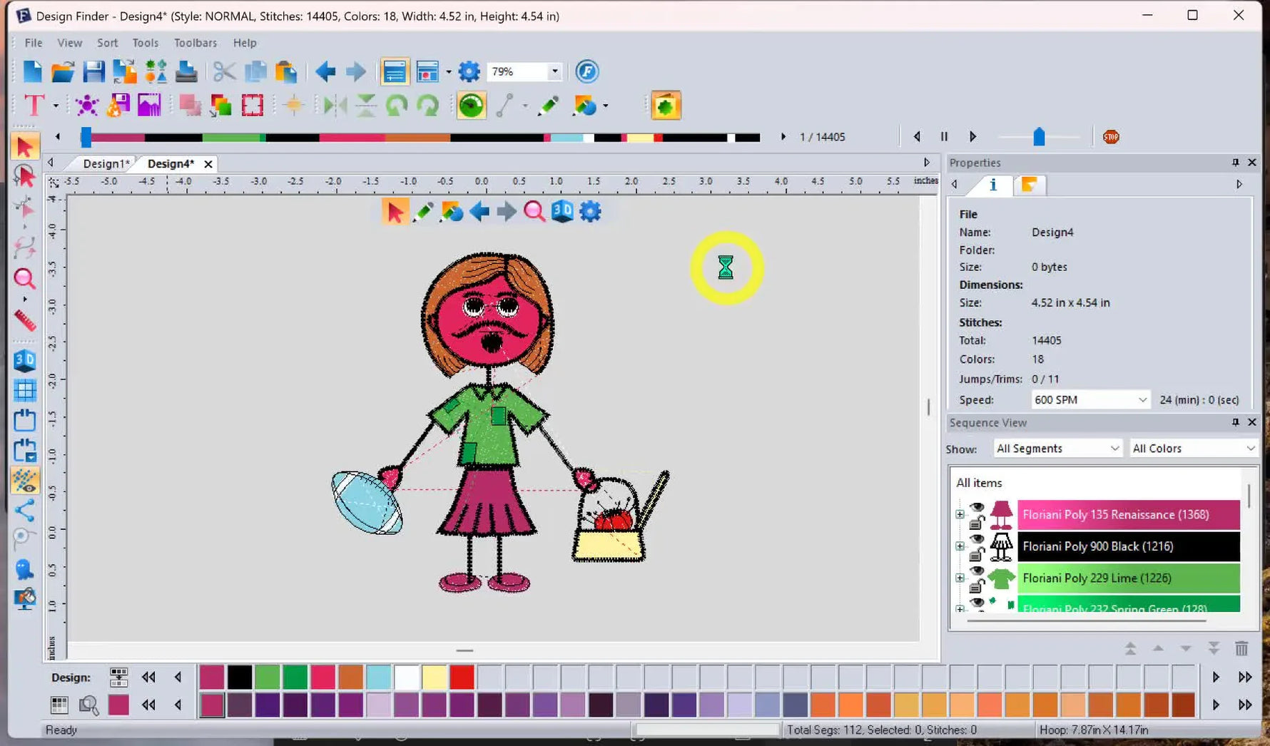 A butterfly embroidery design is open in Floriani with full properties visible, showing size, stitch count, and a multi-color sequence list.
