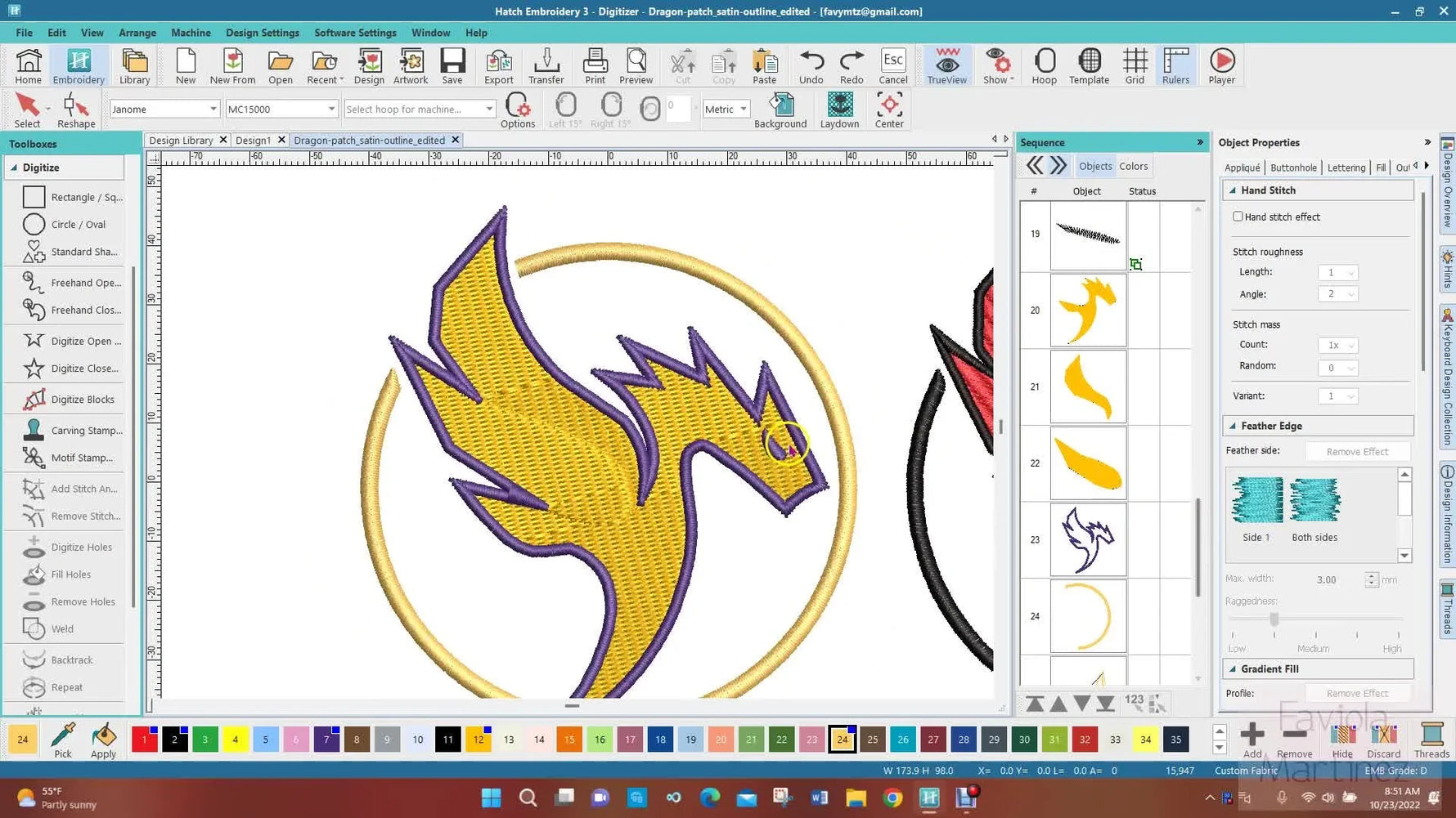 A Hatch Embroidery 3 screen capture showing the dragon logo split into separate body and wing segments to control pull compensation and stitch order.