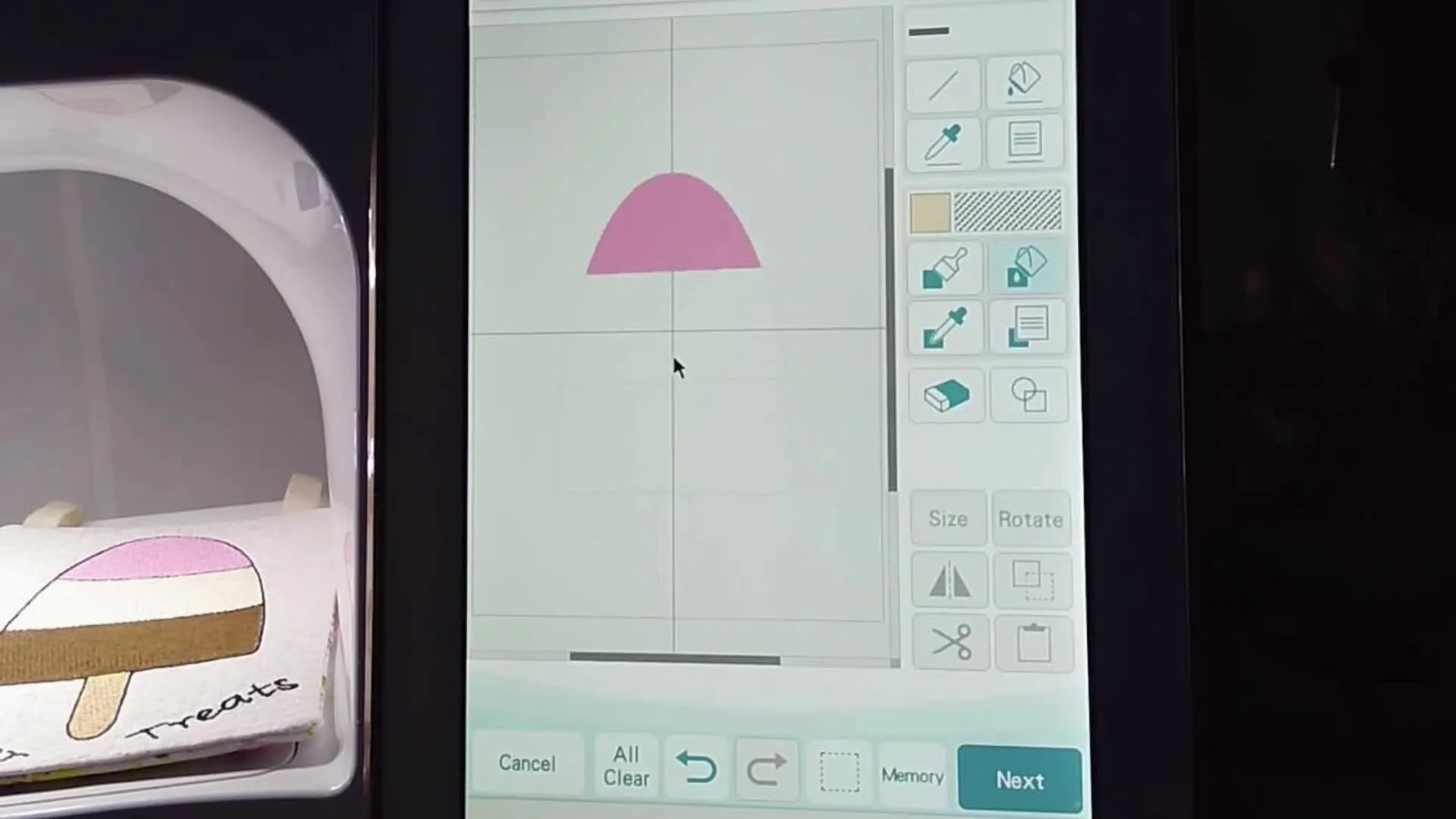 A fully filled Neapolitan ice cream bar design is shown on the Baby Lock Solaris 2 screen with pink, vanilla, and chocolate sections ready for stitching.