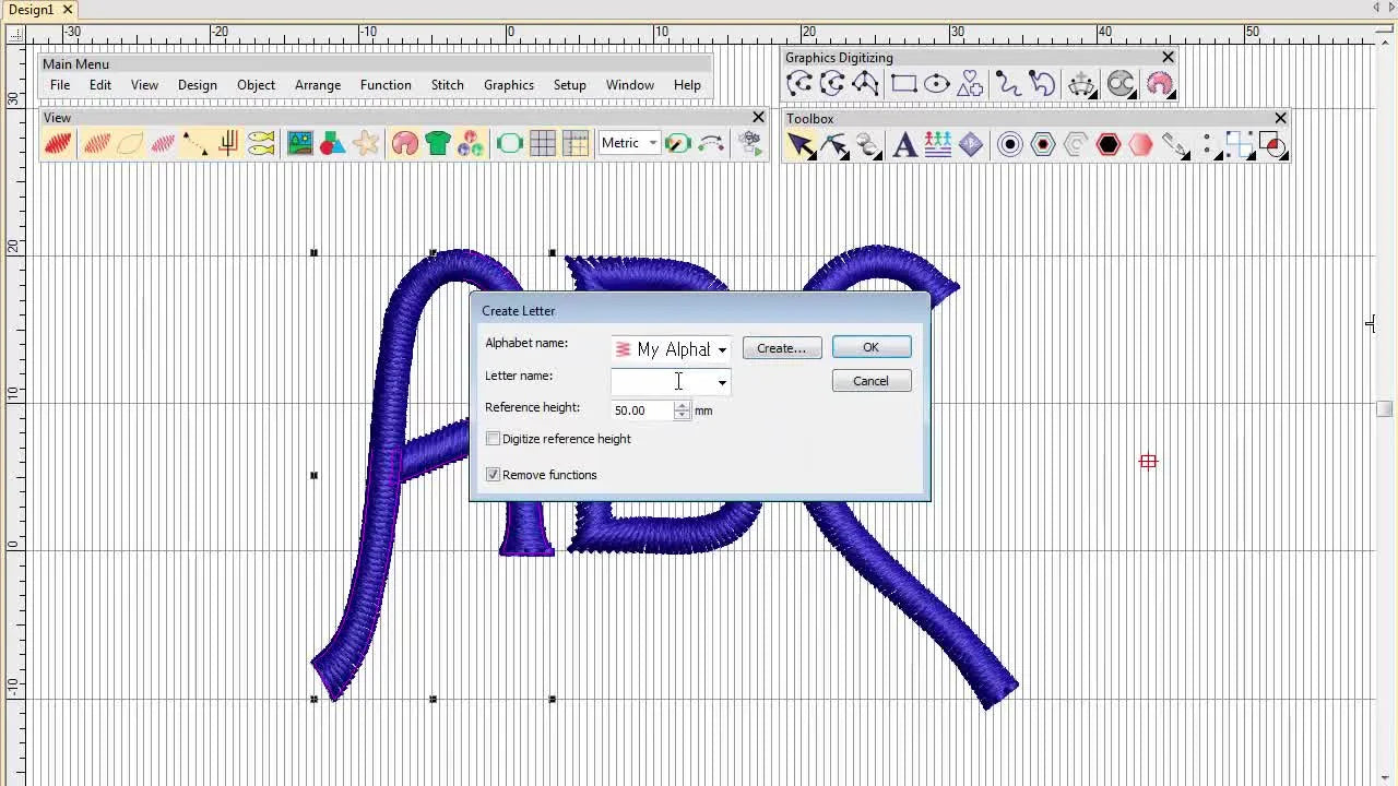 The Wilcom “Create Letter” dialog is shown with the letter name and a 20 mm reference height, ready to define baseline and extents.