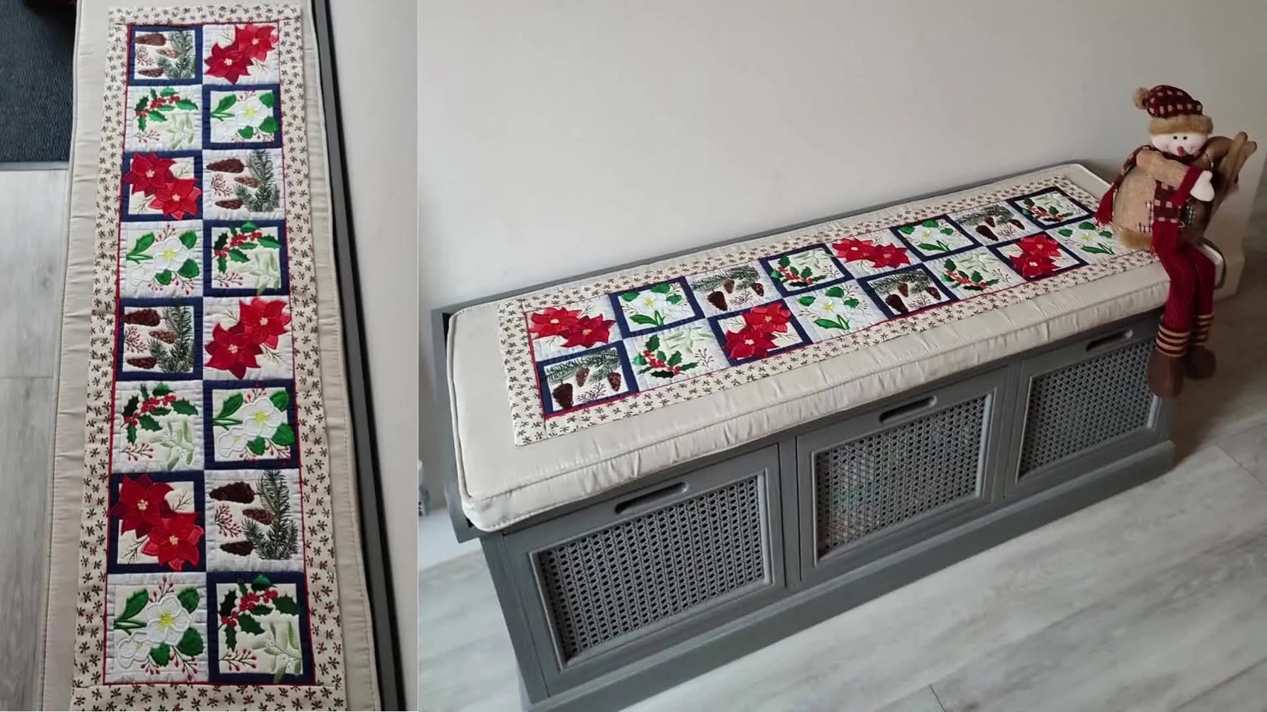 A finished Festive Foliage-style table runner with alternating botanical blocks, photographed as a wide hero shot.