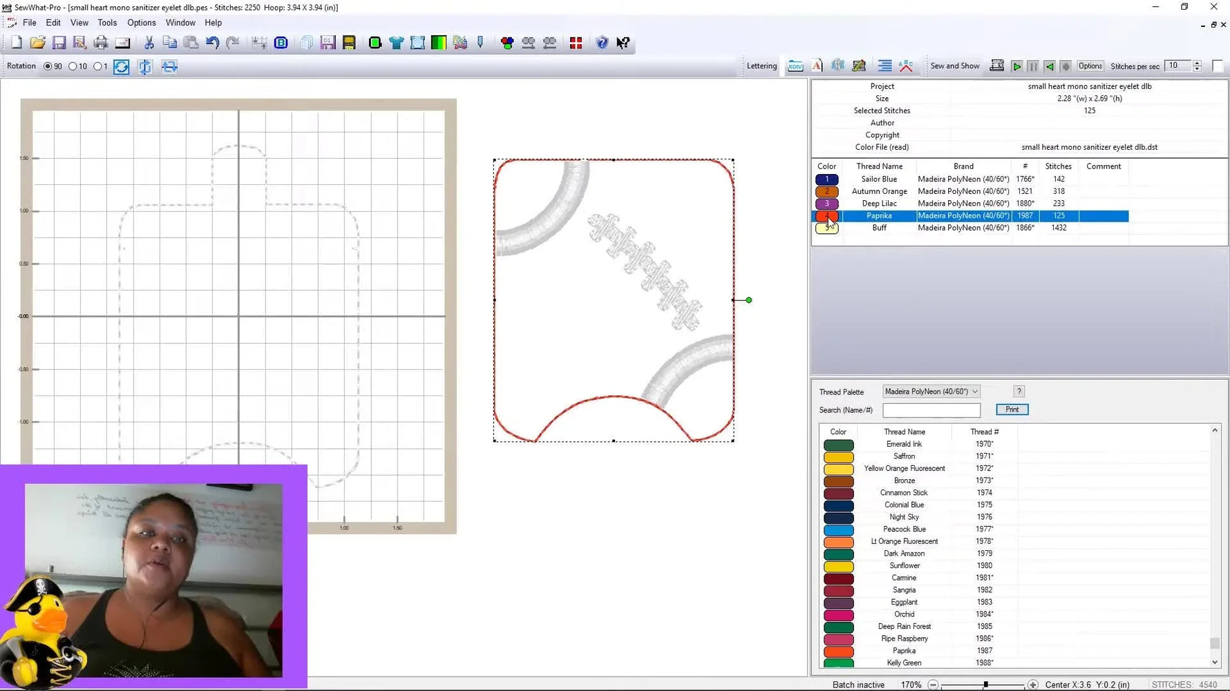 A SewWhat‑Pro screen capture showing a thread step being dragged to reorder the stitch sequence for an ITH key fob design.