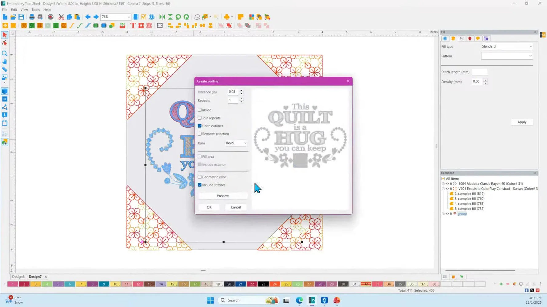 A screen capture shows an outline offset being created around embroidery text so stippling will stitch cleanly around the lettering instead of sewing over it.