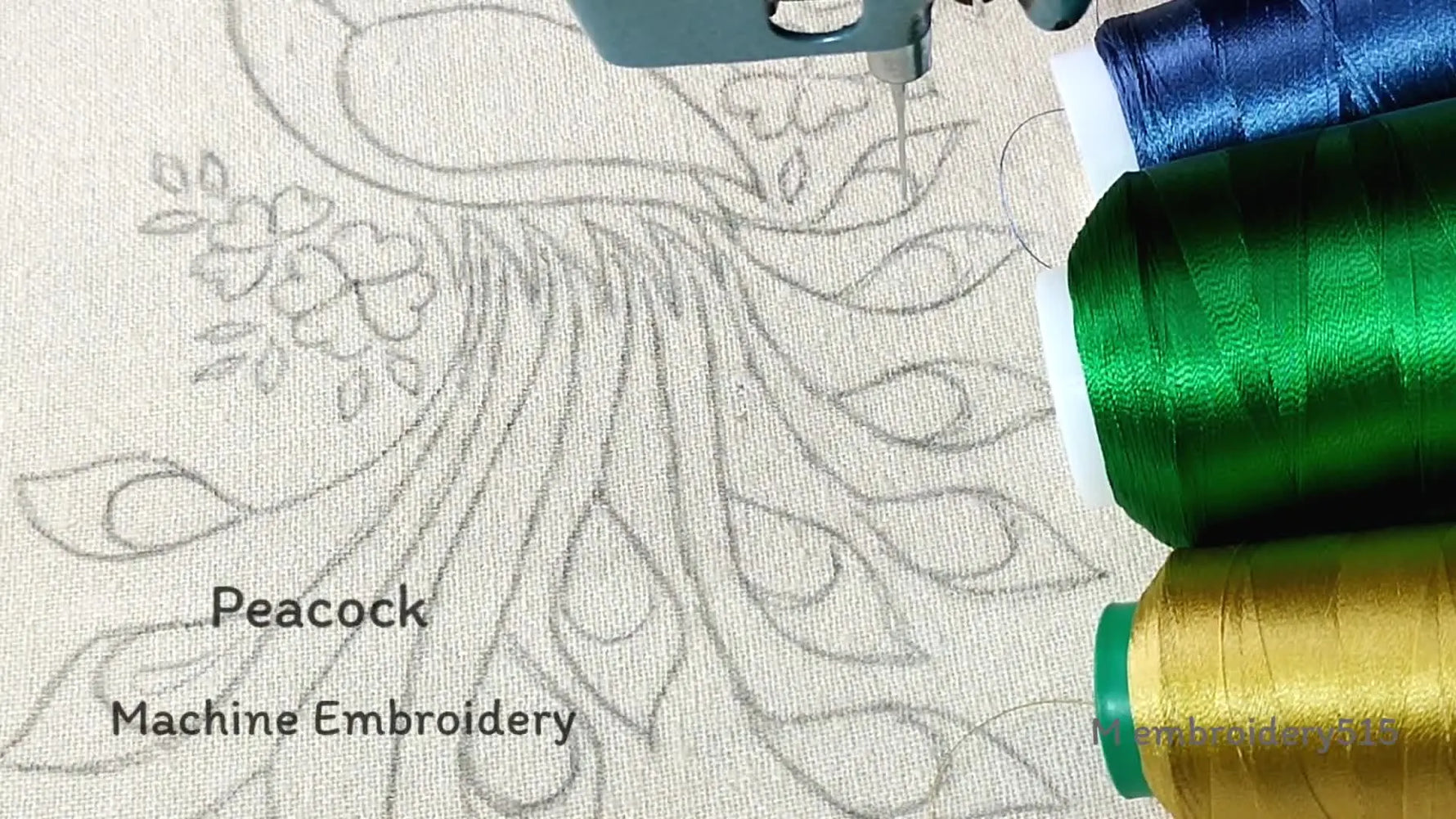 Embroidery machine and fabric with peacock drawing