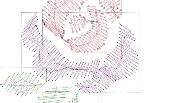 A close-up of PE Design 10 showing the cursor turning into a hand icon while preparing to connect two split embroidery nodes.
