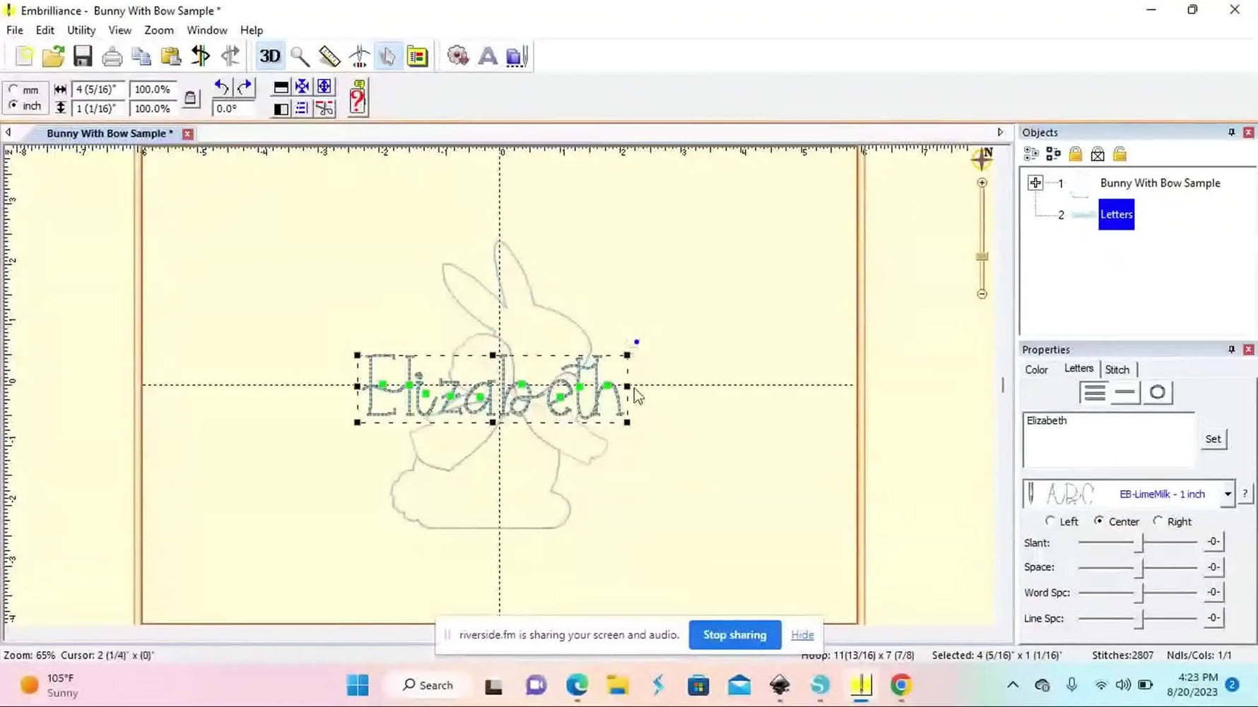 A screen capture shows Embrilliance Essentials with a bunny appliqué design while the name text is being resized and rotated using the bounding-box handles.