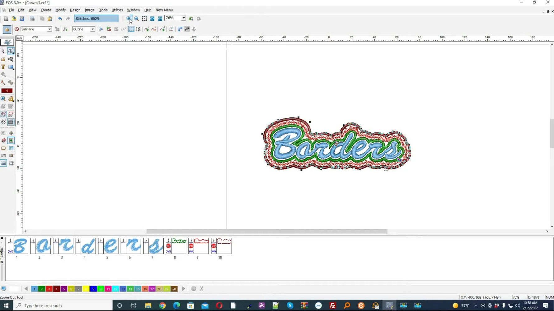 A screen capture of the finished “Borders” text design in EOS 3 Plus with stacked decorative borders, including a motif line and an outer satin frame.