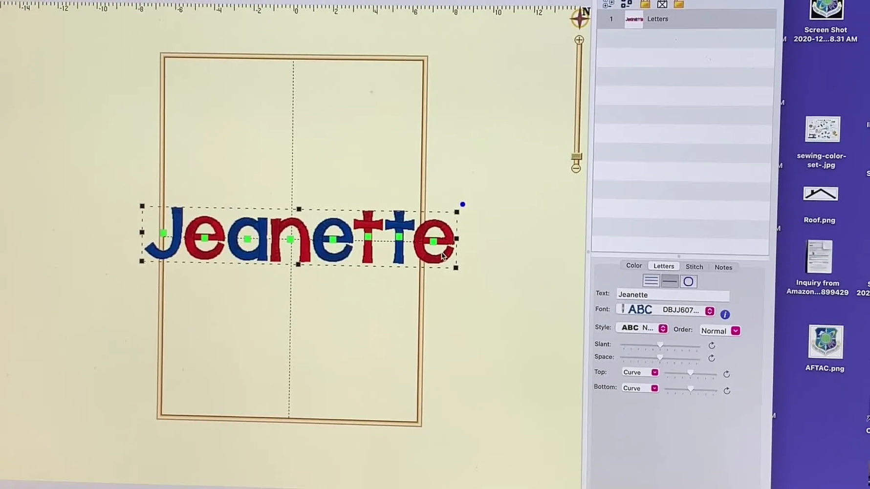 The finished Embrilliance Essentials screen shows the name “Jeanette” with alternating red and blue letters centered vertically inside a 5x7 hoop boundary.