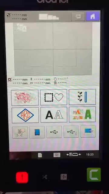Brother 670 embroidery machine home screen showing design selection options and status bar.