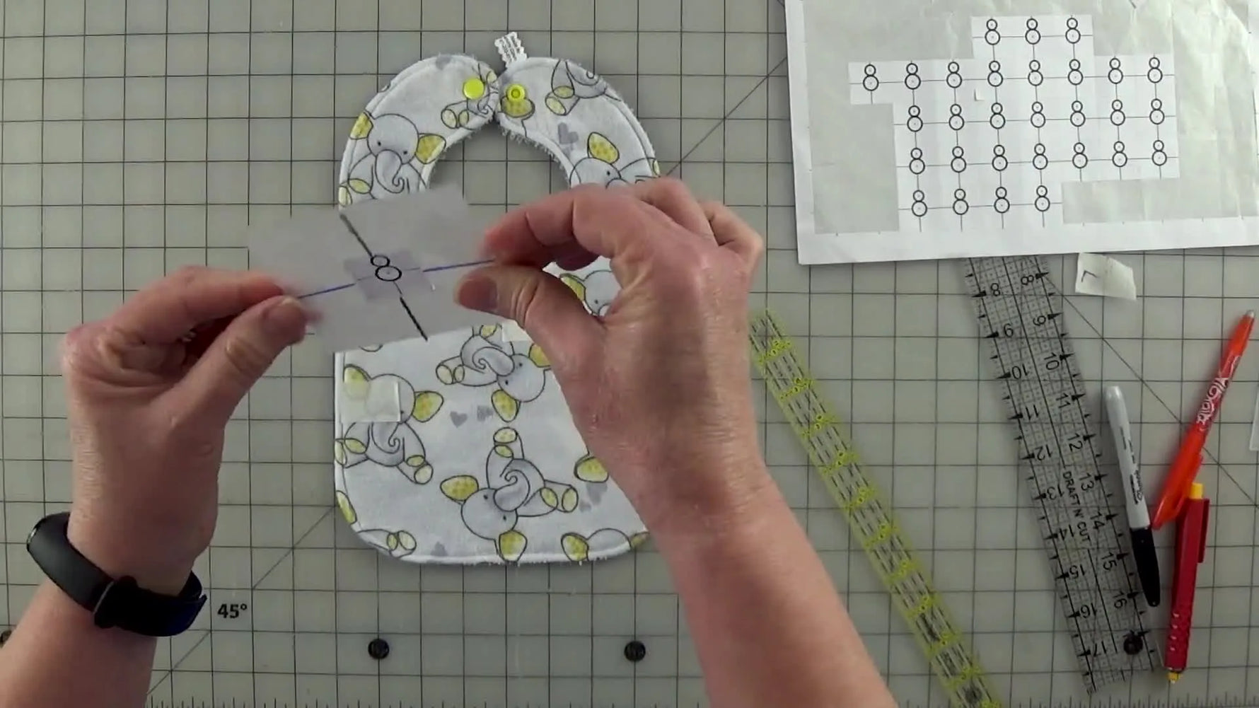 A close-up shows the Snowman sticker suspended on the jig’s rails, ready to be placed precisely on the fabric.