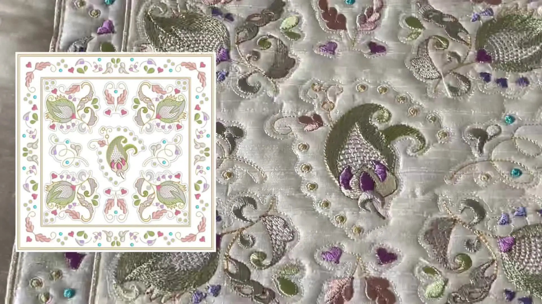 A close-up macro view of a Jacobean quilt block showing dense gold thread details and crisp texture that highlights the dimensional stitching.