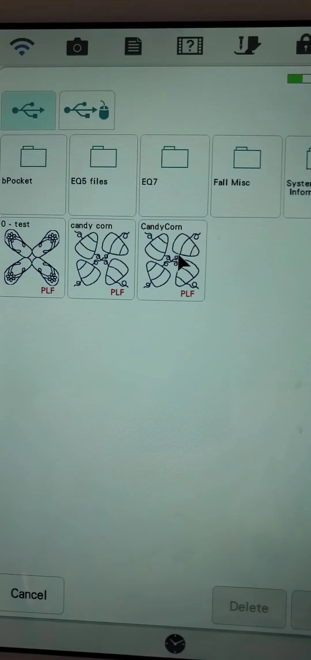 The Baby Lock Solaris screen shows the imported Candy Corn .PLF decorative fill inside the Custom tab, ready to select in IQ Designer.