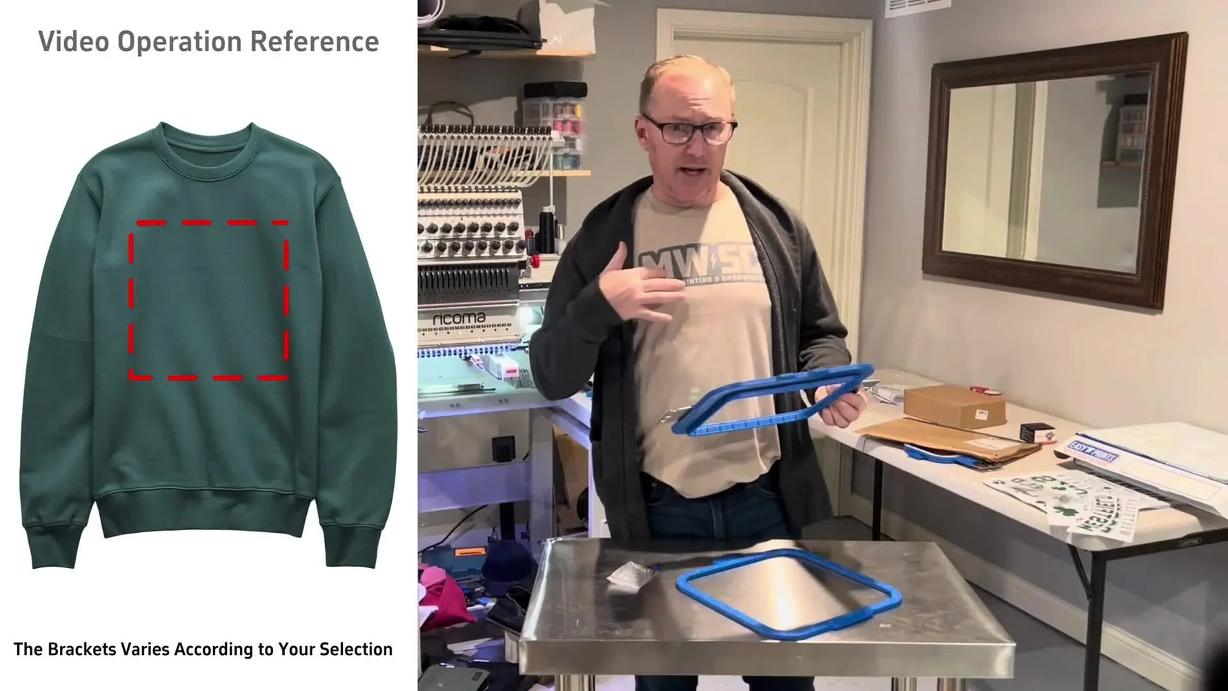 The host holds a 9.5x9.5 magnetic hoop over a chest-placement graphic to show real-world sizing for sweatshirt and chest designs.
