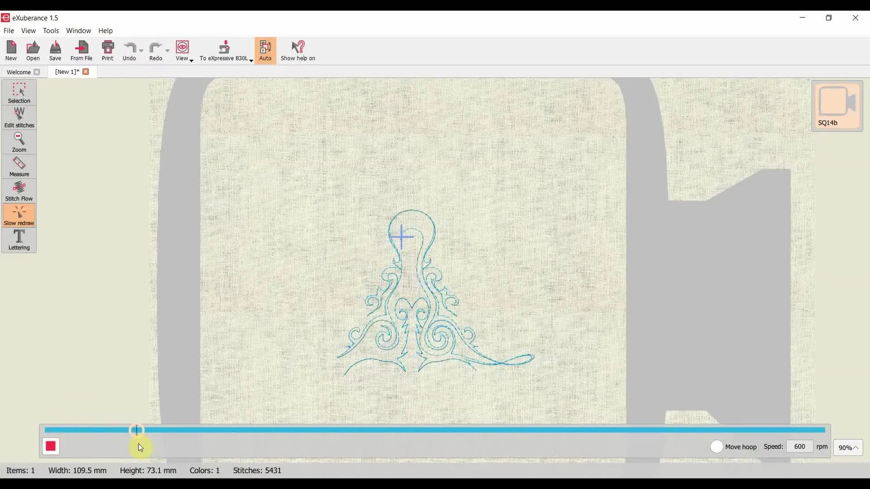 The Slow Redraw simulation in Elna eXuberance Junior shows the design stitching out on-screen with playback controls visible.