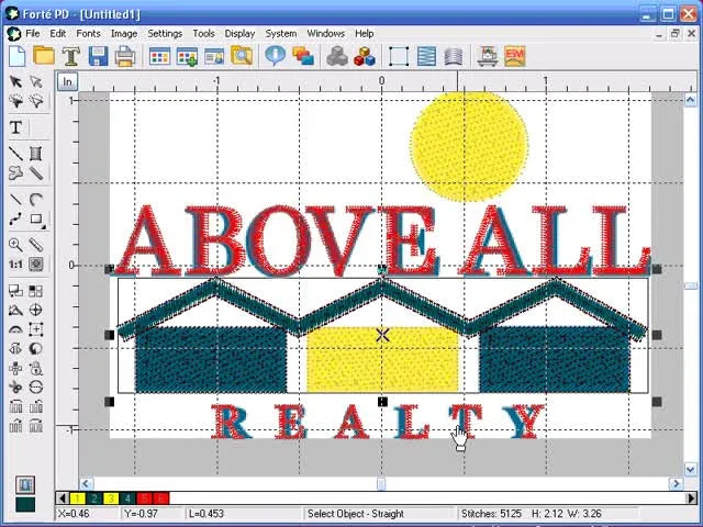 A full-screen view of the finished “Above All Realty” logo in Forte PD with the final Isacord colors applied.