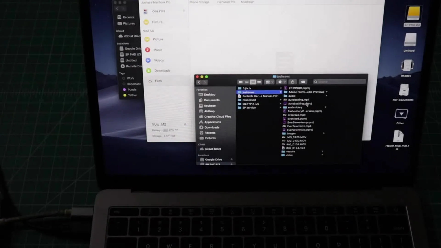 A screen capture shows a PES embroidery file being dragged from a Mac into the HandShaker Android file window to start the EverSewn Hero conversion workflow.