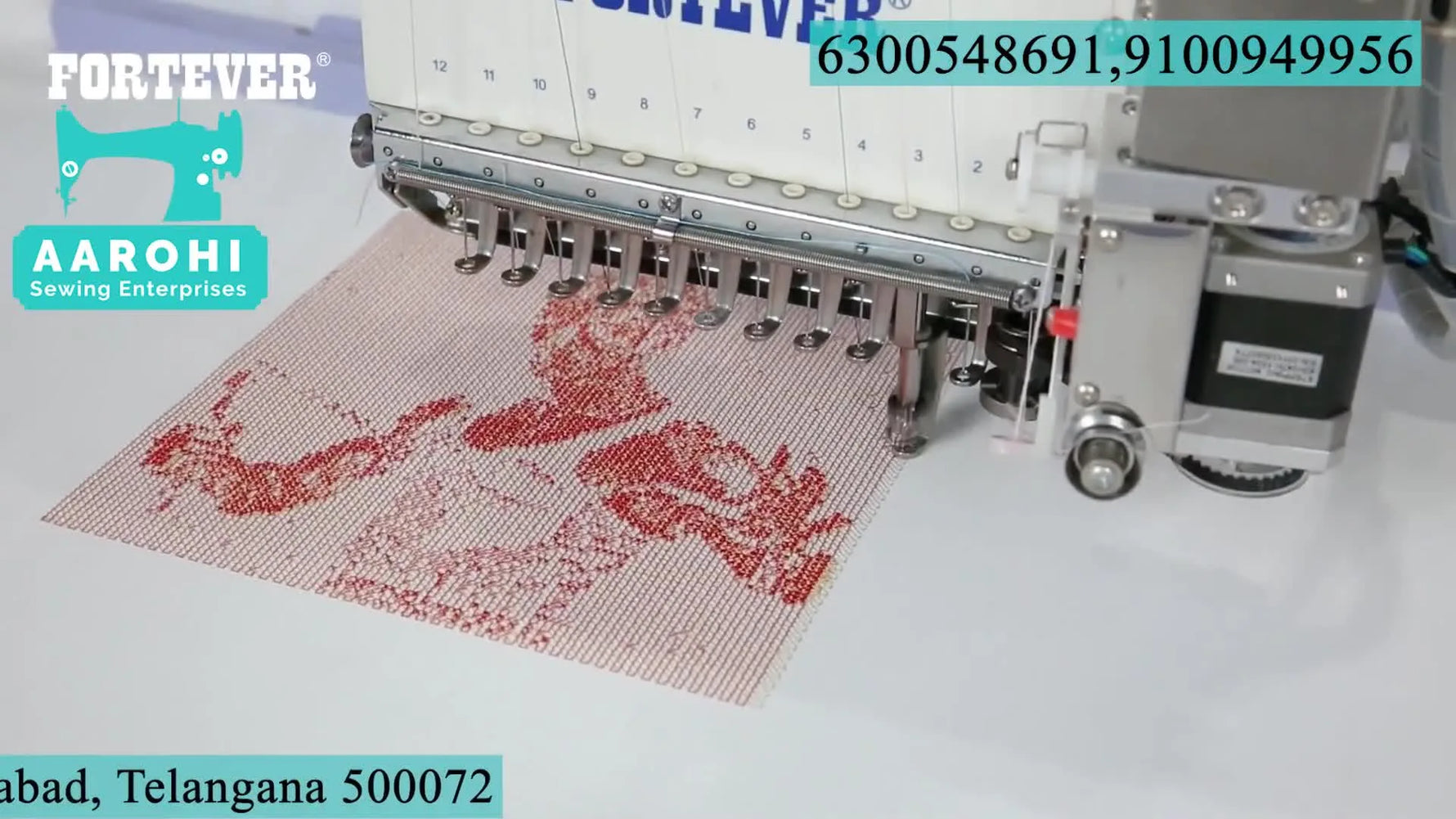 A completed Bruce Lee photo embroidery stitched on a Fortever machine, showing the final 4-color layered result on a large flat frame.