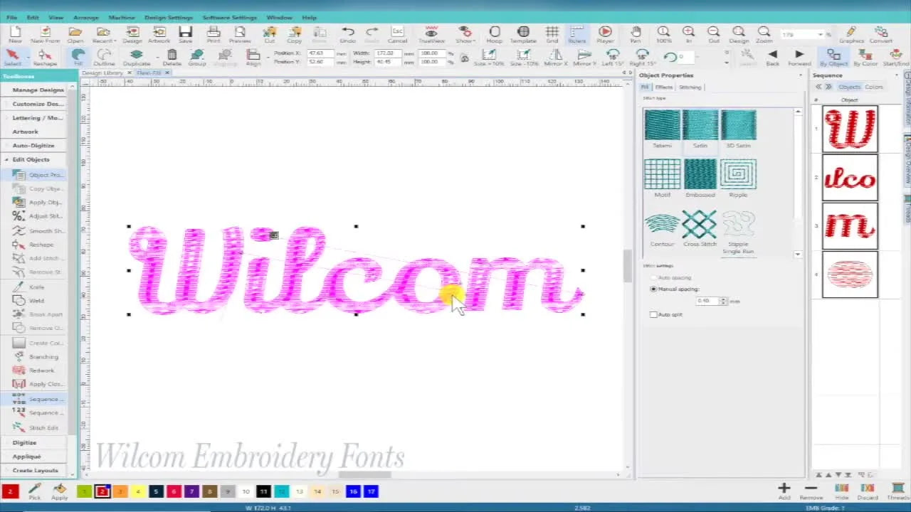 Wireframe view in Wilcom showing the welded script text as one continuous outline, confirming the letters have fused into a single clean appliqué shape.