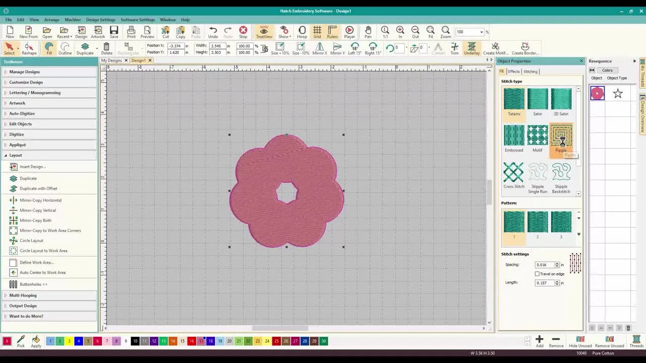 Wilcom Hatch Ripple Fill: Move the Center Point and Turn Flat Fills into “Shaded” 3D Flowers