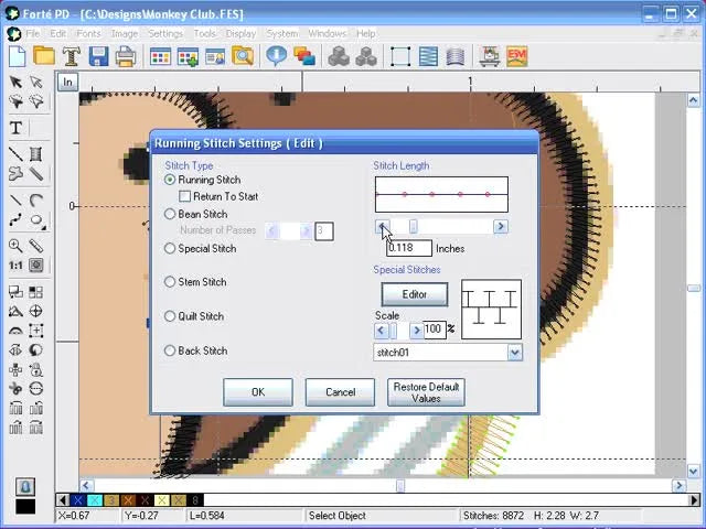 A close-up of Forte PD’s Running Stitch properties window with the stitch length adjusted to 0.11 inches to prevent underlay poke-through under satin.
