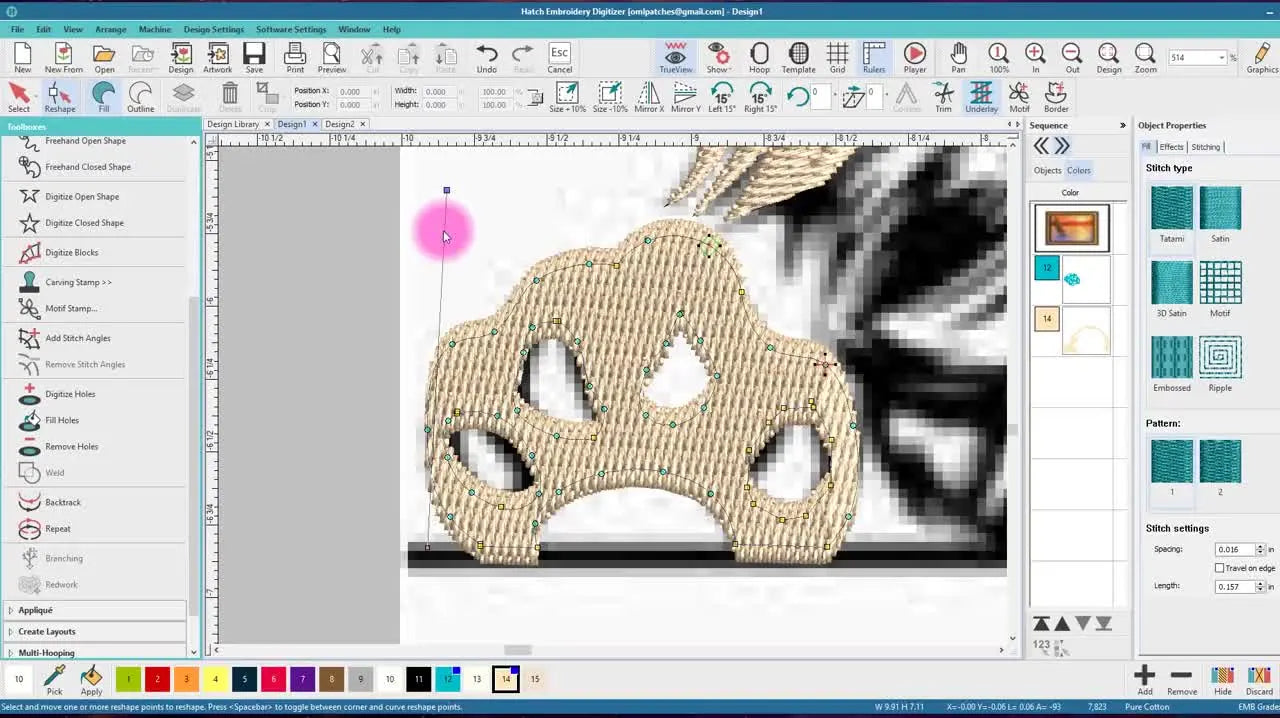 A finished paw object in Hatch TrueView shows clean Tatami texture with clearly visible pad cutouts, ready for test stitching.