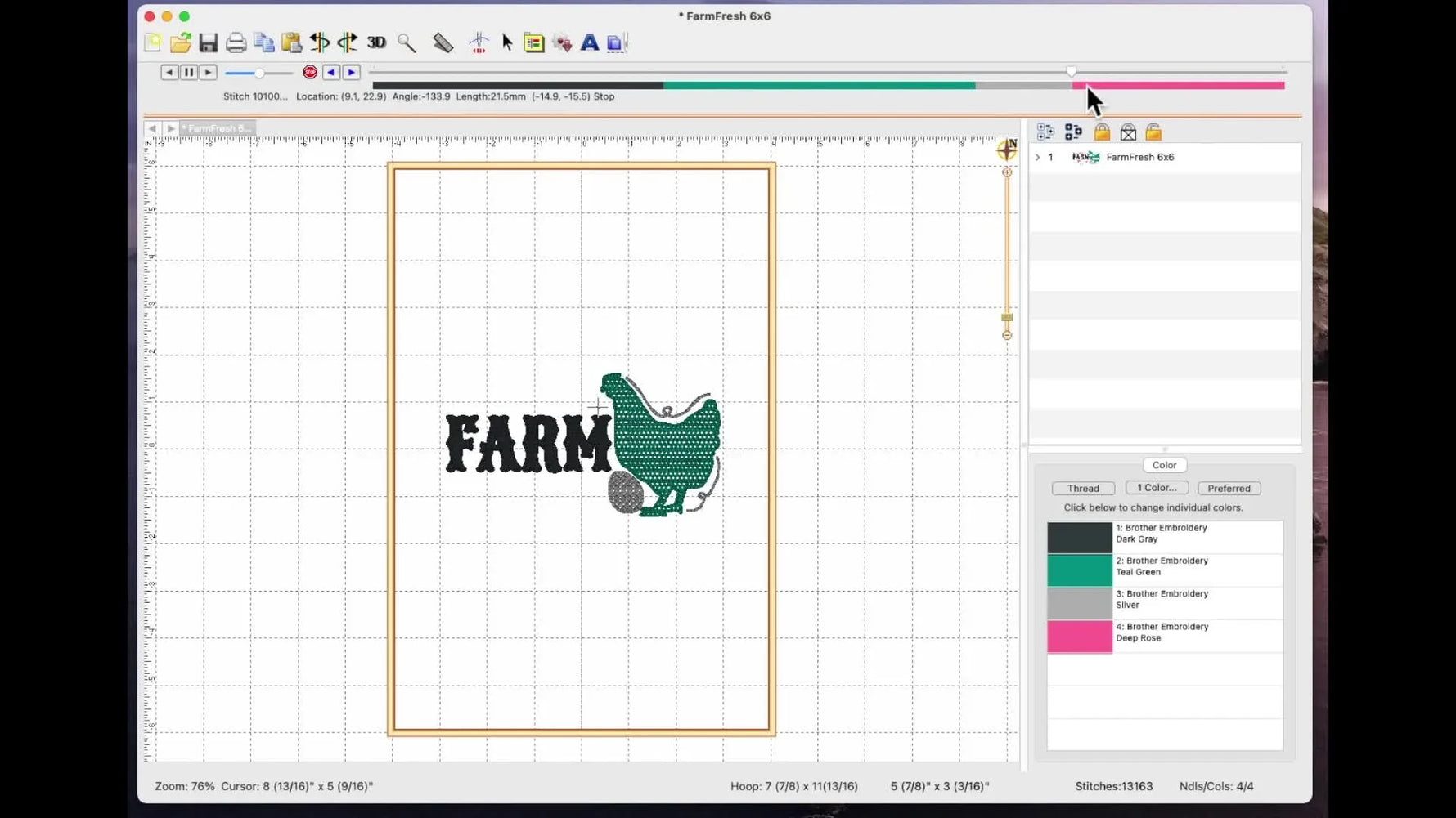 A close-up of Embrilliance Stitch Simulator where the back arrow is used to land on the exact last stitch before the jump, setting up a precise split point.