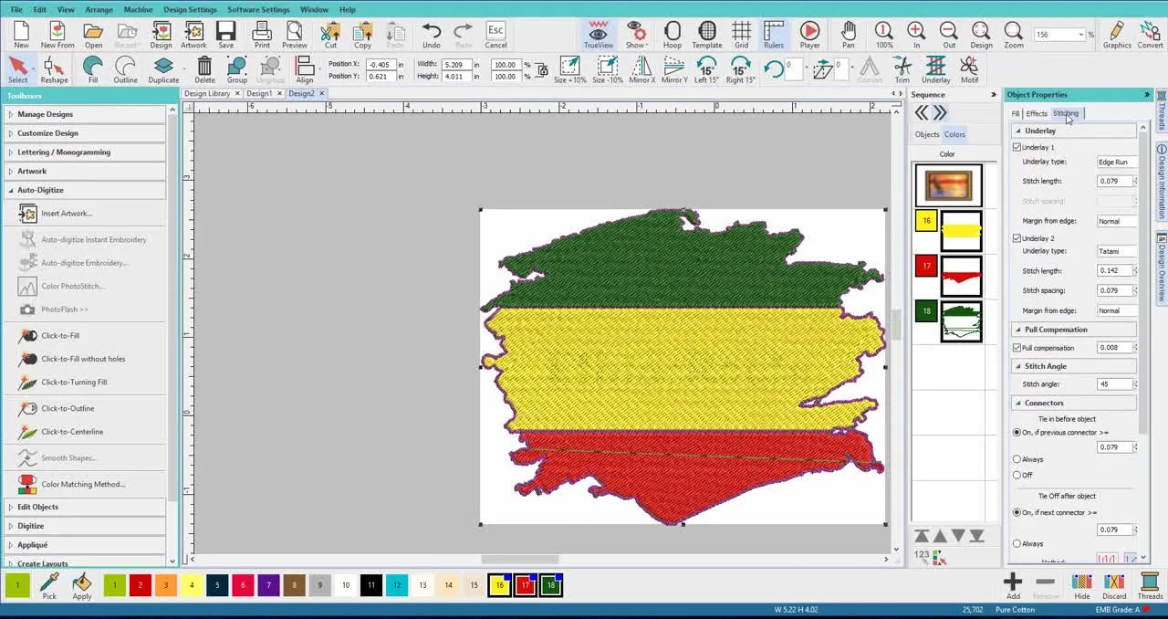 A screen capture shows the cursor manually tracing a jagged map edge to rebuild a clean embroidery object instead of relying on auto-digitizing.